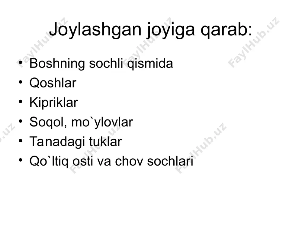 alladadagi xarakterli belgi belgi bitta soch folikulasida 2ta sochning o’sishi. chandiqli allopetsiya: epilirutli follikulit. peshonadagi eritemaning ko’inishi, papula, chandiq chandiqli alopetsiya: kelloid ugrilar o’sayotgan sochlar. bo’yindagi ko’p sonli mayda chandiqlar. pustulaning paydo bo’lishi ikkilamchi infeksiyaning belgisi.