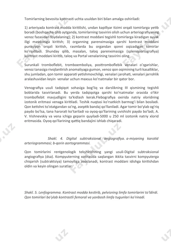 rafiya, karotid va vertebral arteriografiya, mezenterikografiya, bu barcha turdagi amalga oshirish uchun x-ray kontrast kateter sinov idishga joriy etiladi. kontrast modda kiritilgandan so'ng, u asosiy magistralni va katta shoxlarni to'ldiradi, keyin o'rta va kichik kalibrli filiallarga o'tadi. bundan tashqari, kontrast modda kapillyarlarda to'planadi, bu esa tekshirilayotgan idish bilan ta'minlangan organlarning soyasining qizg'inligini oshiradi. nihoyat, kontrast modda venoz oqim yo'llarida paydo bo'ladi. shakl. 2. qorin bo'shlig'i va uning filiallari o'rtasidagi farq a-erta arterial faza: jigar arteriyalari, chap oshqozon arteriyasi, taloq arteriyasi, oshqozon-o'n ikki barmoqli arteriya ko'rinadi; b-kech arterial faza va parenximatoz fazaning boshlanishi: oshqozon devorining soyasi aniqlanadi; v-venoz faza: portal venasining soyasi va uning jigardagi filiallari chiqariladi. arterial, kapillyar (parenximatoz), venoz: angiogramlarda arteriyaga kontrast modda odatda izchil qon oqimining muntazam bosqichlarini aks ettiradi. bu sizga mintaqaviy gemodinamikani aniqlash imkonini beradi (shakl. 2.). venografiya bevosita va bilvosita usullar bilan amalga oshirilishi mumkin. to'g'ridan-to'g'ri venografiya bilan kontrast modda veno-punksiyon yoki venoseksiya bilan qonga …