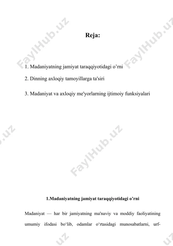 imoiy tuzilmalarni shakllantirishdagi ahamiyati bevosita jamiyatni tashkil etuvchi qonunlar, qoidalar, axloqiy me'yorlar va urf-odatlar bilan chambarchas bog‘liqdir. madaniyat orqali odamlar o‘rtasidagi munosabatlar, ijtimoiy me'yorlar va qadriyatlar shakllanadi. jamiyatning o‘zgarishi, iqtisodiy va siyosiy tizimlarining rivojlanishi, madaniyatning doimiy evolyutsiyasi bilan bog‘liqdir. shu sababli, madaniyat jamiyatning o‘zgarishi va rivojlanishining asosiy vositasidir. madaniyat va ijtimoiy me'yorlar ijtimoiy me'yorlar — bu jamiyatdagi odamlarning xulq-atvorini, ularning bir-biriga nisbatan tutgan munosabatlarini, o‘zaro o‘zini tutish qoidalarini belgilovchi axloqiy va madaniy printsiplardir. madaniyat ijtimoiy me'yorlarni belgilashda katta rol o‘ynaydi. madaniyat odamlar o‘rtasidagi o‘zaro hurmat, to‘g‘rilik, halollik va boshqa axloqiy qadriyatlarni shakllantiradi. har bir jamiyatda axloqiy qadriyatlar va ijtimoiy me'yorlar madaniyatning bir qismi sifatida rivojlanadi. masalan, ba'zi jamiyatlarda mehr-shafqat, yordam berish va o‘zaro ishonch qadriyatlari muhim hisoblanadi, boshqalarida esa o‘z manfaatlarini himoya qilish, mustaqillik va o‘zini o‘zi boshqarish kabi qadriyatlar ustun keladi. madaniyat odamlarning ijtimoiy xulq-atvorini boshqarishda asosiy kuch bo‘lib xizmat qiladi va ijtimoiy tartibning barqarorligini ta'minlaydi. madaniyat va ijtimoiy …