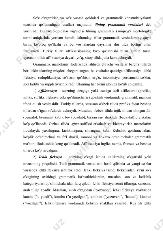 hda va yangi so'zlar yasashda ichki fleksiya ishtirok etadi. ichki fleksiya tashqi fleksiyadan, ya'ni so'z o'zagining oxiridagi grammatik ko'rsatkichlardan, masalan, son va kelishik kategoriyalari qo'shimchalaridan farq qiladi. ichki fleksiya semit tillariga, xususan, arab tiliga xosdir. masalan, k-t-b o'zagidan ("yozmoq") ichki fleksiya vositasida kataba ("u yozdi"), kutuba ("u yozilgan"), kotibun ("yozuv​chi", "hattot"), kitabun ("yozilgan"). ichki fleksiya yordamida kelishik shakllari yasaladi. rus tili ichki fleksiyaga boy bo'lib, unda unlilarning almashinuvi ko'p uchraydi. masalan, лежать, лёжа, ложиться, ходить, хождение, ход, ходячий kabi. 3) reduplikatsiya (lotin tilidagi reduplicare – "ikkilan​tir​moq") – so'z, uning o'zagi yoki boshlang'ich bo'g'inini qay​ta​rish vositasida grammatik ma'noni ifodalashdir. u juda ko'p tillarda mavjud. qaytarish yo'li bilan so'zlarning ma'nosi ku​cha​yishi mumkin: ko'm-ko'k, qop-qora, sap-sariq kabi. indo​nez tilida so'zlarni qaytarish vositasida ko'plik ifoda etiladi: sudara – "o'rtoq", sudara-sudara (sudara2) – "o'rtoqlar", malaya tilida orang – "inson, kishi", orang-orang – "insonlar, kishilar" kabi. 4) qo'shish – so'zlarni va ularning elementlarini yangi so'z yasash …
