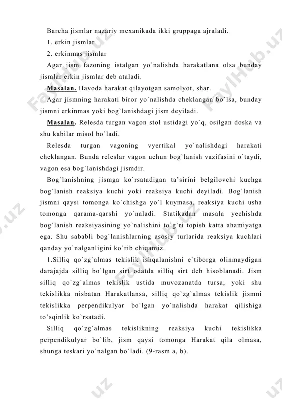 ila olmasa, shunga teskari yo`nalgan bo`ladi. (9-rasm a, b). 9-rasm bunda - silliq qo`zg`almas tekislikning reaksiya kuchi yoki normal reaksiya deb ataladi. agar jism sirt silliq bo`lmasa, a nuqtada normal reaksiya kuchidan tashqari urinma reaksiya kuchi ham bo`ladi (10-rasm). bu kuch ishqalanish kuchi deb ataladi. 10-rasm bunda -normal reaksiya kuchi -ishqalanish kuchi egiluvchan yoki elastik jismlar. jismlar cho`zilmaydigan ip, zanjir, qayish yoki sterjenli vositasida osilgan bo`lsa, ularda hosil bo`ladigan reaksiya kuchlari mos ravishda egiluvchan jismlar bo`ylab yo`nalgan bo`ladi.(11-rasm a,b) egiluvchan jismlarda hosil bo`ladigan reaksiya kuchlarini bilan belgilanadi va taranglik kuchi deb ataladi. 11-rasm reaksiya kuchining miqdor va yo`nalishi jismga ta’sir qiluvchi kuchga bog`liq bo`ladi. sharnirli qo`zg`almas tayanch. bu tayanch jismning ilgarilama harakat qilishiga to’sqinlik qiladi, jism sharnir atrofida aylanadi. ikkita jismning o`zaro birlashgan joyiga sharnir deyiladi. sharnir atrofida jismlar biri ikkinchisiga nisbatan aylana oladi. sharnirni belgisi (o) sharnirli qo`zg`almas tayanchning belgisi (12-rasm,a) 12-rasm(a) sharnirli qo`zg`almas tayanchdagi reaksiya kuchining miqdori va …