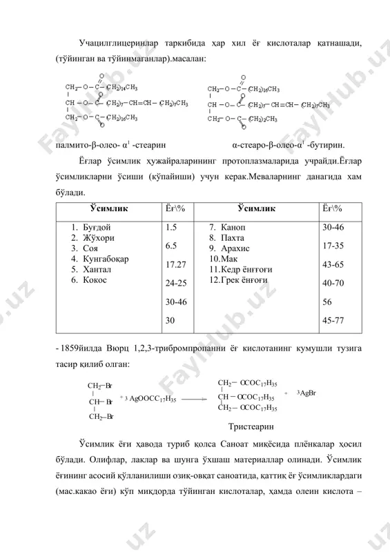 ch2-ch=ch-ch2-ch=ch-ch2-ch=ch-(ch2)3-cooh - c20 ch3(ch2)4-ch=ch-ch2-ch=ch—(ch2)7cooh –c18 линол кислота (октадека-9,12-диен к-та) ch3-ch2-ch=ch-ch2-ch=ch-ch2-ch=ch-(ch2)7cooh-c18 линолен кислота (окта-дека-9,12,15-триен к-та) ch3(ch2)7-ch=ch-(ch2)11cooh-c22 (эрук кислота) ch3-(ch2)3-ch=ch-ch=ch-ch=ch(ch2)7cooh- элеостеарин кислота с18 тўйинмаган ёғ кислоталарда қўш боғлар конформацияси фақат цис-изомер кўринишида бўлади. ёғларнинг кимёвий хоссалари: 1. гидролиз жараёни. гидролиз кислотали ва ишқорий муҳитда олиб борилади. 2. гидрогенлаш жараёни: бунинг таркибида қатиқ, сут ёки сметана ва бошқа компонентлар солиниб маргарин олинади. 3. ёғларнинг оксидланиши: ёғлар ҳаво кислороди таьсирида осон оксидланиб қўшбоғлар хисобига – пероксидлар , гидропероксидлар ҳосил бўлади.сўнгра улар парчаланиб алдегид –кетонлар, спиртлар, кислоталар ва бошкалар ҳосил бўлади. ёғ кислоталарнинг конформация кўринишида ёзилиши. ёғларнинг қўлланилиниши: тиббиётда зайтун ёғи кенг қўлланилинади. у яраларни, куйганларни даволашда, тропик яраларни битишида, гникологияда-эрозияни даволашда, офталмологияда-кўз косасининг зарарланишини даволашда, дермотологияда-антибактериал модда сифатида ишлатилинади. ундан ташқари нафас йўллари касалликларини олдини олишда, гайморит, ларингит, ва фарингитларни даволашда қўлланилинади. ёғлар энергия манбаи.1 гр ёғ оксидланиб 16,3 кж\мол ёки 9,3 ккал\ мол қувват ҳосил қилади. адабиётлар: 1. о.я.нейланд органическая химия. м.: «вусшая …