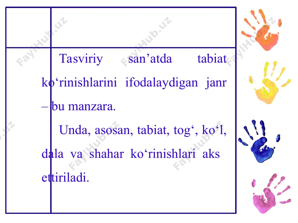 itsiyasi topilgandan so‘ng uni qog‘ozda yengil-yelpi chiziqlar bilan chizishga o‘tiladi. bunda yaqin va uzoqdagi nar-salarning joylashuvi, o‘lchamlari, xarakterli belgilari, nisbatlari va boshqa xususiyatlariga e’tibor beriladi. bo‘yoqda bajarish vaqtida asosiy e’tibor tabiatdagi ranglarning atrofdagi boshqa narsalar rangiga ta’sir etishiga, kompozitsiya koloritining yaxlitligiga qaratiladi.