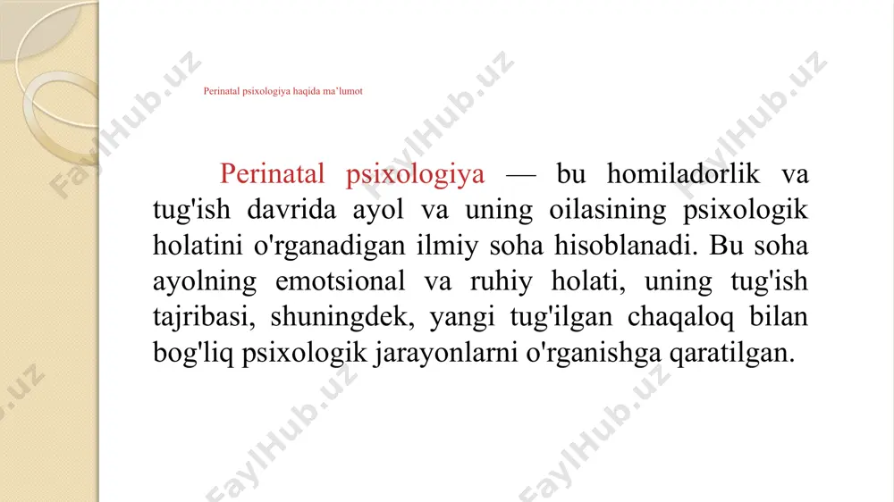 qani mustahkamlash. tug'ish jarayoniga tayyorlash va unga psixologik yordam ko'rsatish. postnatal davrda psixologik yordam taqdim etish. stress va depressiyani kamaytirish va ona va bola farovonligini yaxshilash. perinatal psixologiyaning asosiy maqsadlari. perinatal psixologiyada yordam ko'rsatish usullari psixoterapiya va konsultatsiya ﻿﻿guruhli qo'llab-quvvatlash dasturlari ﻿﻿oilaviy qo'llab-quvvatlashning ahamiyati ﻿﻿mutaxassislar yordamida onalarning ruhiy holatini yaxshilash va oila a'zolarini qo'llab-quvvatlash muhim. perinatal davrdagi stressning ta'siri stressning onaga ta'siri: - stress va xavotir onaning immun tizimiga zarar yetkazishi mumkin. - o‘zini yomon his qilish va kayfiyatning o‘zgarishi. stressning bolaga ta'siri: - homiladorlikda yuqori darajadagi stress bolada diqqat va aqliy rivojlanish qiyinchiliklarini keltirib chiqarishi mumkin. psixoterapiya usullari individullashgan terapiya: - onaning hissiy holatini tahlil qilish. - shaxsiy qo‘rquvlar bilan ishlash. guruh terapiyasi: - boshqa onalar bilan tajriba almashish. - birgalikda stressni boshqarish metodlari. naql (gipnoterapiya): - tug‘ruq jarayonini tasavvur qilish orqali og‘riqni kamaytirish. perinatal psixologiyaning muhimligi tug'ish va homiladorlik davrida ayolning ruhiy salomatligini mustahkamlash va chaqaloqning sog'lom rivojlanishiga …