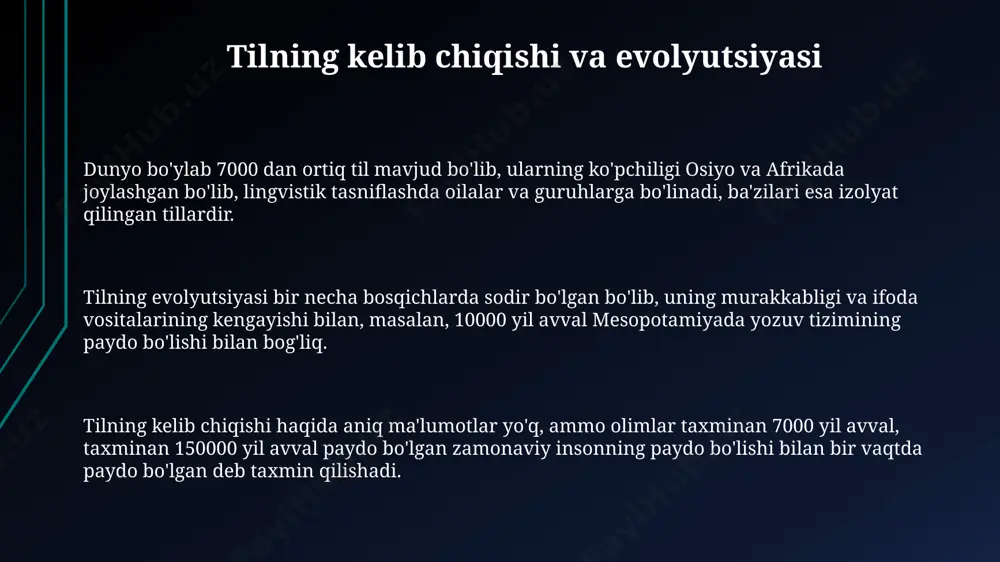 ransuz tillari 50 milliondan ortiq kishi tomonidan qo'llaniladi. afrika qit'asi tillarning xilma-xilligi jihatidan noyobdir, 2000 dan ortiq til gapirishsa-da, nijeryada 500 dan ortiq mintaqaviy tillar mavjud. dunyo boʻylab 7000 dan ortiq til gapirishsa-da, aholi soni boʻyicha eng koʻp tarqalgan 10 ta til jahon aholisining 60% dan koʻprogʻini tashkil qiladi, ular orasida mandarin, ingliz va hind tillari bor. sunʼiy tillar sunʼiy tillar, masalan, esperanto, 19-asr oxirida yaratilgan va taxminan 2 million kishi tomonidan dunyoning turli burchaklarida, jumladan, germaniya va braziliyada so'zlashiladi. toki pona kabi minimal tillar, faqat 120 ta soʻzga ega boʻlib, oddiylik va oʻrganishning osonligi bilan ajralib turadi, bu esa dunyoning har qanday nuqtasida uni oʻrganishni qulaylashtiradi. loglan kabi mantiqiy tillar, 1950-yillarda amerika qo'shma shtatlarida ishlab chiqilgan bo'lib, grammatik tuzilmasi mantiqqa asoslangan va aniq ma'nolarni ifodalashga qaratilgan. til va madaniyat til va madaniyat o'zaro chambarchas bog'liq bo'lib, dunyo bo'ylab taxminan 7000 ga yaqin tilning 200 dan ortiq madaniyatga ta'sir ko'rsatganligi …