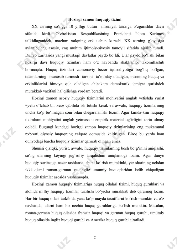 ayda tasniflarni ko‘rish mumkin va o‘z navbatida, ularni ham bir nechta huquq guruhlariga bo‘lish mumkin. masalan, roman-german huquq oilasida fransuz huquqi va german huquq guruhi, umumiy huquq oilasida ingliz huquqi guruhi va amerika huquq guruhi ajratiladi. dunyoda bir-biriga o‘xshaydigan, lekin tamomila bir xil bulmagan huquq tizimlari mavjud. ularg alohida xususiyatlari bilan bilan bir - biridan tubdan farq qiladi. ayrim jihatlari bilan bir – biriga o‘xshab ketadi. har bir ijobiy narsani salbiy tomoni borligini unutmagan holda hozir duyonda hech bir huquq oilasini mukammal darajada anglamoq mumkin emas. hozirda amalda bo‘lgan huquq tizimlari jamiyat taraqqiyoti rivojlanishi bilan rivojlanib, o‘z tarkibiy qismlarini to‘ldirib takomillashtirib boradi. masalan, har bir aqsh prezidentining tutgan siyosati, uning obruyi, davlatni boshqarishi tizimining rivojlanishiga katta ta’sir ko‘rsatgan. biz bu haqda tarix kursidan bilamiz. bugungi kunda juda ko‘p o‘rta osiyo hududida yashab o‘tgan tarixiy shaxslarni o‘rganmokdamiz va ularning siyosiy-huqukiy qarashlarini xayotga tatbiq etmoqdamiz. deyarli har bir ma’ruzasida prezidentimiz davlatchilikning taraqqiyotida …
