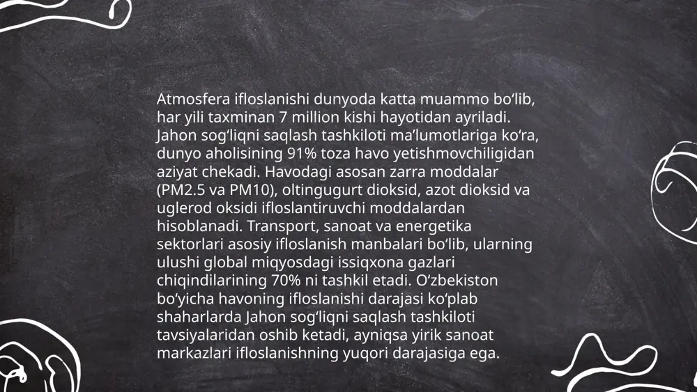 o'ylab yovvoyi tabiat yashash joylarining 80% yo'qolmoqda. 1990 yildan 2020 yilgacha 420 million gektar o'rmon yo'q qilindi. deforestatsiya global issiqxona gazlari chiqindilarining 10-15 foiziga sabab bo'ladi. butun dunyo bo'ylab har yili 1,5 million turdagi biologik xilma-xillik xavf ostida qolmoqda. mato grosso, braziliyada deforestatsiya darajasi 2019 yilda 24% ga oshdi. deforestatsiya jarayoni har yili millionlab insonlarga salbiy ta'sir qiladi va iqlim o'zgarishiga ulkan hissa qo'shadi. ... t.me/slaydai_bot 10. yer osti suvlarining kamayishi yer osti suvlarining kamayishi muammosi oʻzbekistonda jiddiy ahamiyat kasb etmoqda. mamlakatda yer osti suvlaridan foydalanish 60 foizga oshgan. 2010-yildan 2020-yilgacha yer osti suvlari sathi yiliga 1-2 metrga tushdi. orol dengizi havzasida yer osti suvlarining kamayishi sababli ekologik xavf kuchaymoqda. yer osti suvlarining kamayishi qishloq xoʻjalik suv ta'minotiga salbiy ta'sir qilmoqda, bu esa oʻsimliklar va hayvonlarning ozuqa manbalarini cheklaydi. oʻzbekistonning ayrim hududlarida suv tanqisligi 20 foizga oshishi kutilmoqda. atmosfera haroratining oʻrtacha yillik koʻtarilishi 0.5 daraja bilan yer osti suvlariga ta'sir …