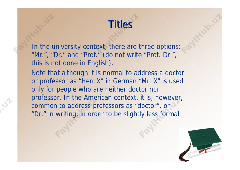 the administration in general. you can keep this information in an email signature which is automatically put at the end of any email you write. identifying othersidentifying others if you have call in an email to refer to another student, then just say “my fellow student” (note: the word “colleague” is only used for professional co-workers) or just the firstname (and surname) of the person in question. do not refer to another student using “mr.” or “mrs.”. this sounds very strange in english; it is not polite, just weird. and donand don’’t forgett forget 1) for security reasons and to ensure that your email gets through to its addressee only use your university email address, e.g. maria.schmitz@stud.uni-due.de. 2) always specify the topic of the email (german: betreff). some spam filters will not allow emails through which do not have a topic. 3) if you are sending an attachment, give it …