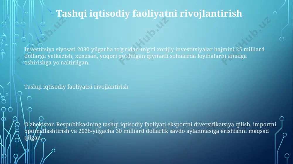 islohotlarni amalga oshirdi, xususiylashtirishni qo'llab-quvvatladi va fermer xo'jaliklarini rivojlantirish uchun qulay sharoit yaratdi, bu esa 25 foizga hosildorlikni oshirdi. ijtimoiy himoya choralari ijtimoiy himoya choralari 1990-yillarda kam ta'minlangan oilalarni qo'llab-quvvatlash uchun nafaqalar va kompensatsiyalar joriy etildi, bu aholining zaif qatlamlarini ijtimoiy himoya qilishga qaratilgan edi. o'zbekistonda 2023-yil holatiga ko'ra, kam ta'minlangan oilalar uchun bolalar nafaqasi miqdori bolaning yoshiga qarab o'rtacha 500 000 so'mdan 1 000 000 so'mgacha etib belgilangan. investitsiya muhitini yaxshilash investitsiya muhitini yaxshilash tadbirkorlik subyektlarining faoliyatini tekshirishning 2 yillik moratoriysi e'lon qilindi, bu esa biznes uchun ma'muriy bosimni kamaytirish va 25 foizga o'sishga imkon berdi. investitsiya muhitini yaxshilash o'zbek modelining natijalari va istiqbollari o'zbek modelining natijalari va istiqbollari o'zbekiston yalpi ichki mahsuloti (yaim) o'sish sur'ati 2023-yilda 5,6% ni tashkil etdi, bu esa iqtisodiy o'sish va barqarorlikning davom etayotganligini ko'rsatadi. kelajakda raqamlashtirish va innovatsiyalarga e'tibor kuchaytiriladi. 2017-yildan boshlab amalga oshirilayotgan islohotlar doirasida xususiy sektorni rivojlantirish, xorijiy investitsiyalarni jalb qilish …