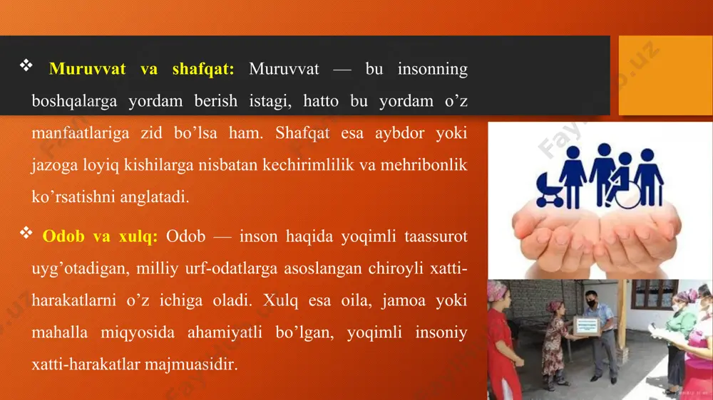 z ichiga oladi. – yomonlik esa axloqiy qoidalarni buzish, zulm, adolatsizlik, zarar yetkazish kabi harakatlarni anglatadi. erkinlik va mas’uliyat – erkinlik – insonning o‘z xohishiga ko‘ra harakat qilish huquqi, lekin bu huquq axloqiy va huquqiy chegaralar doirasida bo‘lishi lozim. – mas’uliyat – insonning o‘z xatti-harakatlari natijalari uchun javob berishi, jamiyat oldidagi burchlarini ado etishi. yaxshilik va yomonlik adolat va nohaqlik – adolat – huquqlar va majburiyatlarning teng taqsimlanishi, har bir inson o‘z haqlarini olishi va o‘z majburiyatlarini bajarishi lozimligini bildiradi. vijdon va axloqiy burch – vijdon – insonning ichki axloqiy ovozi, o‘z xatti-harakatlarini baholash qobiliyati. – axloqiy burch – shaxsning jamiyat, oila yoki o‘z e’tiqodlari oldidagi majburiyatlari. erkinlik va mas’uliyat vijdon va axloqiy burch adolat va nohaqlik hurmat va insoniylik – hurmat – boshqalarning huquqlari, fikrlari va qadriyatlarini tan olish va ularga nisbatan odobli munosabatda bo‘lish. – insoniylik – mehribonlik, boshqalarga yordam berish va insonlarning dardiga befarq bo‘lmaslik. asosiy etik …