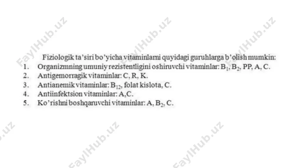 донлар, дуккаклилар, уруғлар, ёнғоқлар билан тушади. инсоннинг тиаминга бўлган эҳтиёжи унинг жинси, ёши, қувват сарфлашига боғлиқ бўлади. в1 тушишининг физиологик даражаси ҳар куни 1,1-2,1 мг истеъмол қилиш деб ҳисобланиб, бу 1000 ккал.га 0,6 мг.ни ташкил этади. в1 авитаминози бери-бери деб аталади ва эрамиздан олдинги 2600 йилдаёқ хитойда тасвирланган. унинг пайдо бўлиши юрак-қон томирлари, асаблар, мушаклар тизими ва ошқозон-ичак йўлларини шикастлайди. рибофлавин ёки в2 витамини рибофлавин ингичка ичакда самарали абсорбцияланади ва организмда флавинлар: флавинадениндинуклеотид (фад) ва флавинмононуклеотид (фмн) таркибида кофермент функцияни бажаради. улар углеводлар, ёғлар ва оқсилларнинг алмашинувида иштирок этишади. асосий озуқа манбалари сут маҳсулотлари, гўшт маҳсулотлари, тухум ва маржумак ёрмасидир. бошоқлилар, сабзавотлар ва меваларда ушбу витамин жудаям камдир. рибофлавин сақлаш ва қайта ишлашга нисбатан етарлича чидамлидир: пазандалик йўқотишлари ўртача 25 % ни ташкил этади. қуёш нури в2 витаминини, хусусан, сут таркибидагисини аҳамиятли даражада (50 ... 70 % гача) парчалаб ташлашга қодир. инсоннинг пиридоксинга бўлган эҳтиёжи унинг жинси, ёши ва қувват …