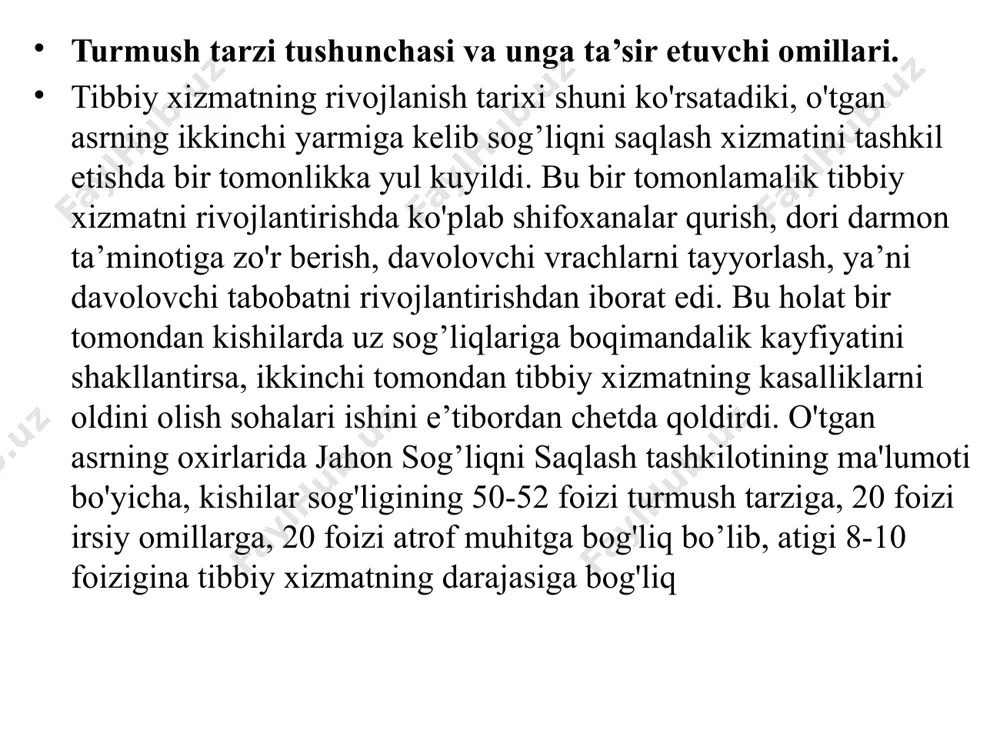 izmat ko`rsatish hududidagi yashovchilarning sonini har yil o`rganib, hisobot tuzish; - epidemiologik ko`rsatmalar bo`yicha uylarda yuqumli kasalliklarni va ular bilan bevosita kontaktda bo`lganlarni topish uchun patronaj ishlarini olib borish amaliy qism bemorlarni subyektiv va obyektiv tekshirish usullari. bemorni tekshirish usullari. subyektiv tekshirish(so‘rab surishtirish): pasport qismi, bemor shikoyatlari, kasallik tarixi, hayot tarixining ahamiyati va o‘tkazish qoidalari. obyektiv tekshirish. bemorni ko‘zdan kechirish (umumiy ahvoli, vaziyati, es hushi, teri va shilliq pardalarning rangi, toshmalar, shishlar, bo‘g‘im, muskul, suyaklardagi o‘zgarishlar, gavda tuzilishi). palpasiya, perkussiya va auskultasiya mazmuni, ahamiyati, o‘tkazish qoidasi, ketma-ketligi, xamda a’zolarning meyoriy va patologiyadagi o‘zgarishlarini aniqlash. afsonaviy florens naytingeyl 1859-yili o‘zining mashhur «bemorlar parvarishi to‘g‘risidagi yozuvlar» kitobida hamshi- ralar ishini quyidagicha ta’riflagan: «hamshiralik ishi — bemorni qurshab turgan muhitni, uning sog'ayishi yo'lida qo‘llash uchun yo'naitirilgan harakatidir». subyektiv tekshirish pasport qismi bemor shikoyatlari-asosiy,qo’shimcha kasallik tarixi - pasport, shikoyatlari, anamnez morbi, anamnez vitae, epid anamnez, status prasens obyektivus, tashxis, davo rejasi, tekshiruv rejasi, mutaxassislar …