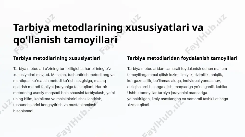 ali tarbiyalanuvchilarda qiziqish va faol qatnashish oshadi. tarbiya metodlarini optimal qo'llash tarbiya metodlarini tarbiyalanuvchilar xususiyatlari, mavzu, maqsad va sharoit asosida muvofiqlashtirish muhim. turli metodlarni to'g'ri qo'llash va ularni uyg'unlashtirish samaradorlikka erishishda muhim rol o'ynaydi. ijodiy yondashuvni qo'llash tarbiya jarayonlarida ijodiy yondashuv, tarbiyaviy mavzularni tanlab olish, turli fikrlar, yangi yechimlar izlash va tashabbuskorlik ko'rsatish samaradorlikni oshiradi. tarbiya ishlarini rejalashtirish va tashkil etish tarbiya ishlarini aniq rejalashtirib, samarali tashkil qilish, ularni muntazam baholash va sifatini yaxshilash tarbiya samaradorligini oshirishga xizmat qiladi. 13 tarbiya jarayonida xalq pedagogikasidan foydalanish urf-odat va an'analar xalq pedagogikasi o'zida milliy urf-odat, an'analar, maqollar, hikoyalar va qiziqarli faoliyatlarni mujassam etadi. bu ijtimoiy tajribalarni tarbiya jarayonida qo'llash muhim ahamiyatga ega. keksalar donoligi xalq pedagogikasining muhim tarkibiy qismi keksalar, ota-onalar, bobolar va buvalarning teran hayot tajribasi, ularning bolalar tarbiyasidagi dona nasihatlaridan foydalanishdir. milliy o'yinlar xalq o'yinlari, raqslari, xalq badiiy ijodining boshqa namunalari tarbiya jarayonida muhim o'rin egallaydi. ular bolalarda milliy g'urur, …