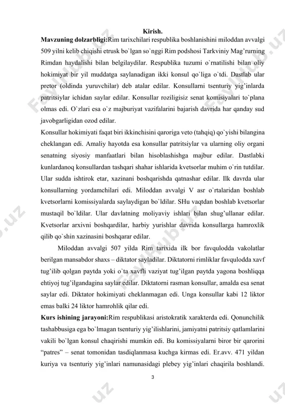 ti edi. rimda xalq yig’inlarini yoki komissiyalarni uch ko`rinishi mavjud edi. serviy tulliy islohotlarigacha kuriya komissiyalari mavjud edi. serviy tulliy qurolli xalq yig’ini - tsenturiy komissiyalarini kiritdi. tezda ular kuriya komissiyalarini siqib chiqardi. tsenturiy komissiyalari konsullar tomonidan rim shahridan tashqaridagi mars maydonida chaqirilar edi. barcha rim fuqarolari 193 tsenturiy, eng boy birinchi toifa 98, yarmidan ko`p tsenturiy qo`yar edi. ovoz berish tsenturiylar bo`yicha o`tkazilib, har biri bir ovozga ega edi.[footnoteref:1] ovoz berish qathiy qabul qilingan tartibda dastlab birinchi toifa tsenturiylari, keyin 2-, 3- va h. k. ovoz berilar edi. agar taklif qilinayotgan masala bo`yicha tsenturiylar ovozining 50% idan ko`proq ovoz berilsa, ovoz berish to`xtatilib, taklif qonun kuchiga kirar edi. bunday ovoz berish tartibi bo`yicha barcha masalalarni rim fuqarolarini boy qismi bo`lgan i toifaning 98 tsenturiylari hal qilar edi. bu komissiyalarda pretorlar, konsullar va tsenzorlar saylanar edi. ovoz berishning mulk tsenziga asoslanishi demokratik saylov tizimi tarafdorlarining noroziligiga uchradi. miloddan avvalgi 241-yilda …