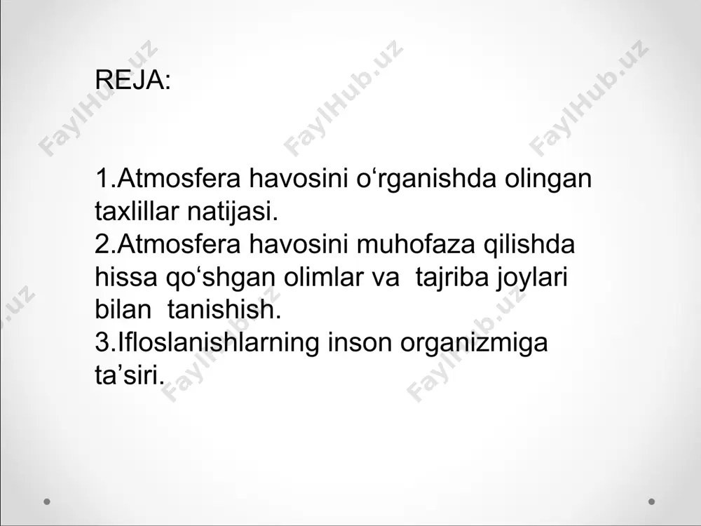 hang miqdori qishloq joylarda 1 m3 havoda 0,01 mg, turar joylarda 0,12 mg, shahar mar-kazida 0,13 mg, sanoat korxonalari atrofidagi havoda 0,15 mg ga teng. o’zbekiston gidrometeorologiya markazining bergan ma’lumotiga ko’ra olmaliq, farg’ona, navoiy va qo’qon shaharlari havosi iflosligi jihatidan yuqori ko’rsatkichga ega. o’zbekistonda faqat stacionarlardan atmosfera havosiga tushadigan chiqindilar miqdori 1,3 mln tonnaga etdi. ekologiyaning ifloslanishi dunyodagi har oltinchi o‘limning sababi ekani ma’lum bo‘ldi olimlarning hisob-kitoblariga ko‘ra, har yili dunyoda har oltinchi o‘limga shu sabab bo‘ladi. bundan tashqari, atrof-muhit ifloslanishining turli shakllari tufayli 2015 yilda jahon iqtisodiyoti 4,6 trillion dollar yo‘qotdi (jahon yalpi ichki mahsulotining 6,2 foizi). ifloslanishlarninig inson organizmiga taʼsiri havoning kuchli ifloslanishi insonlar sog'lig'iga, qolaversa barcha jonzotlarga salbiy ta'sir ko'rsatadi. bir kishi sutka davomida o'rtacha 25 kg havo bilan nafas oladi. havo tarkibidagi zarali chang, qurumlar, zararli gazlar kishi organizmida to'planaveradi. oqibatda teri va ko'z kasalliklari, jigar serrozi, qonbosimining ortishi, surunkali bronxit, enfizima, nafas qisish va o'pka …