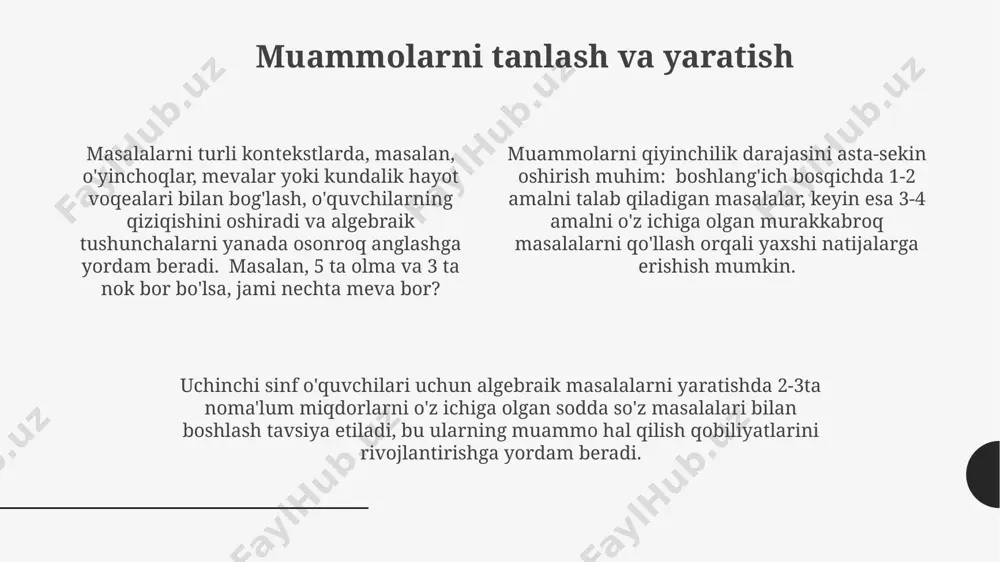 larda hamkorlikda ishlash guruhlarda ishlaganda har bir o'quvchi o'z vazifasini (masalan, tenglamani tuzish, yechimni topish, javobni tekshirish) bajaradi va natijani umumiy muhokama qiladi. bu individual hissa va jamoaviy natijaga erishishni o'rgatadi. algebraik masalalarni yechishda guruhlarda 3-5 ta turli yondashuvlarni taklif qilish va ularni bahslash orqali o'quvchilarning mantiqiy fikrlash va muammo yechish strategiyalarini boyitishga yordam beradi. uchinchi sinf o'quvchilari 2-4 kishilik guruhlarda ishlash orqali muammoni birgalikda tahlil qilish va yechim topish ko'nikmalarini rivojlantirishlari mumkin. bu ularning muloqot va hamkorlik qilish qobiliyatlarini oshiradi. qiyinchiliklar va ularni yengish uchinchi sinf o'quvchilarining 20% algebraik masalalarni yechishda murakkab tenglamalarni tushunishda qiyinchiliklarga duch kelishi mumkin, bu esa qo'shimcha amaliy mashqlar va individual yondashuvni talab qiladi. masala yechish jarayonida 3 bosqichli strategiyani qo'llash (tushunish, rejalashtirish, yechish) 50% ga yaqin o'quvchilarda muvaffaqiyat darajasini oshiradi, ammo qolganlari uchun qo'shimcha qo'llab-quvvatlash kerak bo'ladi. algebraik ifodalarni kundalik hayotdagi misollar bilan bog'lash (masalan, 5 ta olma va 3 ta olma - jami …