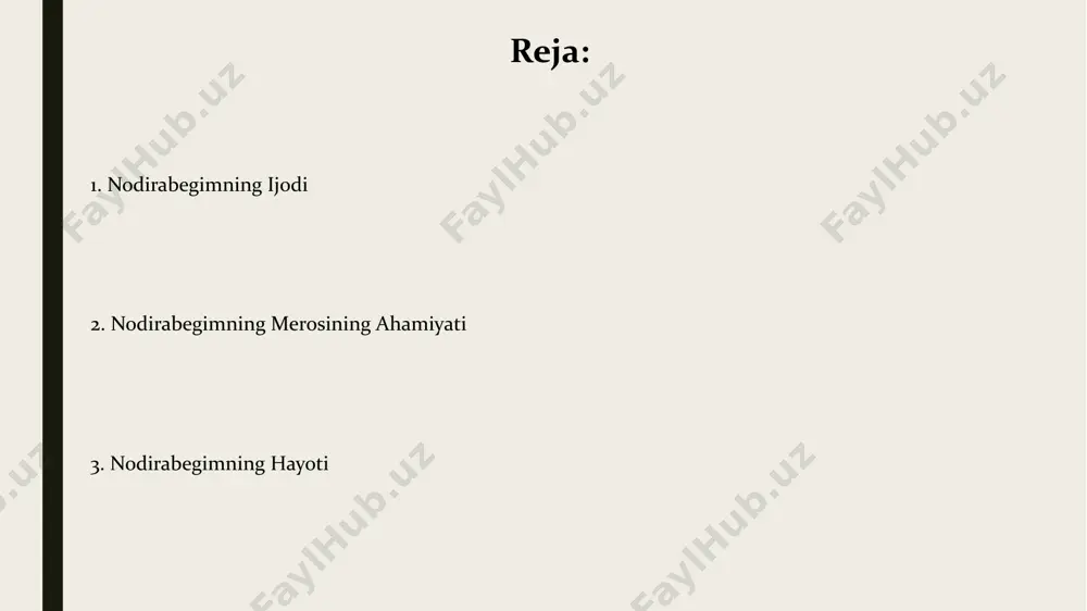 larda keng tarqalib, oʻz davrining ijtimoiy-madaniy hayotiga chuqur taʼsir koʻrsatdi, ayniqsa, ayollar adabiyotiga sezilarli hissa qoʻshdi. uning 50 dan ortiq asari, jumladan, gʻazal, ruboiy va masnaviylari, oʻzbek adabiyoti tarixida milliy oʻzlikni anglash va ayol qiyofasini ifodalashda muhim manba hisoblanadi. nodirabegimning hayoti va ijodining davri nodirabegimning ijodida islomiy falsafa, lirika va ijtimoiy mavzulardagi 30 dan ortiq sheʼrlari ayollar hayotiga bagʻishlangan. nodirabegim 19-asrning ikkinchi yarmida, buxoro amirligi davrida, taxminan 1850-1880 yillar oraligʻida yashab ijod qilgan shoira hisoblanadi. hozirgi davrda nodirabegimning oʻrni nodirabegimning hayot va ijodini o'rganishga bag'ishlangan 3 ta yirik ilmiy konferensiya o'tkazilib, uning merosini o'rganish va targ'ib qilish bo'yicha xalqaro hamkorliklar rivojlanmoqda. nodirabegimning ijodining 19-asr oxiri va 20-asr boshlarida buxoro va samarqand kabi shaharlardagi adabiy muhitga ta'siri hozirgi kunda ham o'rganilmoqda va uning zamonaviy adabiyotga qo'shgan hissasini baholashda 20 dan ortiq ilmiy maqola mavjud. davr adabiyoti bilan bogʻliqligi nodirabegim 19-asr oxiri, 20-asr boshlarida buxoro amirligi davrida yashab ijod qilgan, davr adabiyotining …