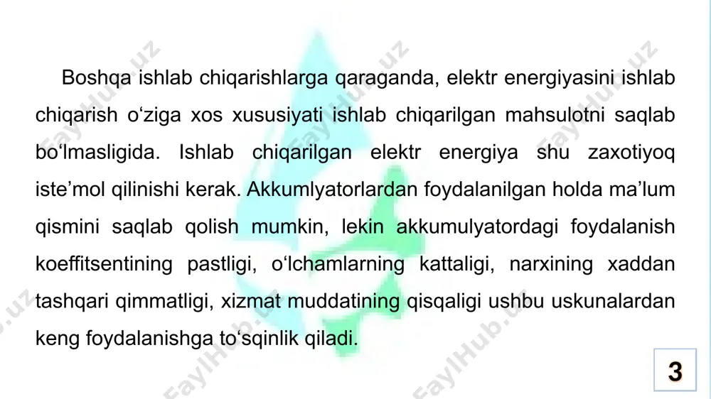 orini aylantirib elektr energiyasi olinadi. suvni qizdirish va kondensatsiyalangan bug‘ vositasida turbogenerator rotorini aylantirilishi ushbu elektriostansiyalarni kondensatsiyalovchi issiqlik elektr stansiyasi deb atalishiga sabab bo‘lgan. 13 elektr ta’minoni elektr ta’minoni elektr ta’minoni kondesatsiyalovchi issiqlik elektr stansiyasining umumiy ko‘rinishi 16 elektr ta’minoni 5-turbogenerator; 6-bug‘ trubinasining past bosim silindri; 7-kondensat nasosi; 8-yuza kondensatori; 9-bug‘ trubinasining o‘rta bosim silindri; 10-berkitish krani; 11- bug‘ trubinasining yuqori bosim silindri; 12-deayrator; 13-regeneratorli qizdirgich; 14-yonilg‘i uzatish transporteri; 15-ko‘mir bunkeri; 16-ko‘mir tegirmoni; 17-qozonning barabani; 18-shlakni ajratish tizmi; 19-bug‘ qizdirgichi; 20-ventilyator; 21-oraliq bug‘ qizdirgich; 22-havo so‘rgich; 23-ekonomayzer; 24-regenertiv havo qizdirgichi; 25-filtr; 26-tutun so‘rgich; 27-tutun quvuri kondensatsiyalovchi issiqlik elektr stansiyasining sxematik ko‘rinishi. 1–gradirnya (kondensatning sovutgichi); 2-sirkulyatsiya nasosi; 3-elektr liniyasi; 4-yuk transformatori; 17 elektr ta’minoni kes ning texnologik sxemasi bir qancha tizimlardan tashkil topgan. bularga: yonilg‘i yoki yoqilg‘i uzatish; yonilg‘i yoki yoqilg‘i tayyorlash; asosiy bug‘ konturi, parogenerator va trubina bilan birgalikda; sirkulyar suv ta’minoti; suv tayyorlash; kulni tutib qolish (filtrlash qurilmalari) va …