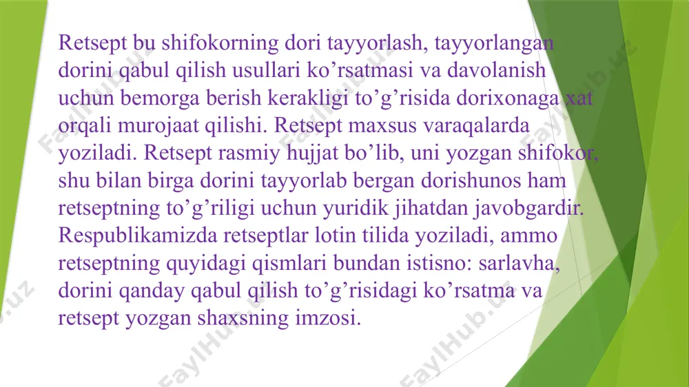 dori ko�rsatiladi: recipe:tincturae convalariae tincturae velerianae aa 10 ml grammlar va millilitrlar arab raqamlari bilan ko’rsatilib yoziladi: 3,0; 0,3; 0,03 va boshqalar. òomchilar rim raqamlari bilan ko’rsatiladi: gullam i, guttas ii. dori moddalarining biologik ta’sir birligi qisqacha bò shaklida, soni esa, arab raqamlari bilan o�nliklar, mingliklar, millionlarda yoziladi: recipe: phenoxymethylpenicillini 100000 oltinchi qismda shifokor dori moddasiga qanaqa shakl berishni lotin tilida yozadi (kukun, hab dori, surtma), ularga qanday ishlov berish kerakligi, qancha miqdorda berish va qanday ko�rinishdaligi ko’rsatiladi: misce, fiat unguentum. dorilarni biror narsaga o’rab yoki solib berish kerak bo�lsa, retseptda kerakli ko�rsatmalar ko�rsatilib yoziladi: da in vitro nigro qora (rangli) shishachada ber. da in vitro flavo sariq shishachada ber, da in charta cerata mumli qog’ozda ber, da in ampullis ampulalarda ber, da in scatulla qutichada ber 6 retseptning lotincha qismi shartli qisqartirilgan s. (signa belgila) harfi bilan tugaydi (signa belgila, ya’ni bu signare belgilamoq fe’lning buyruq mayli uchinchi shaxs …