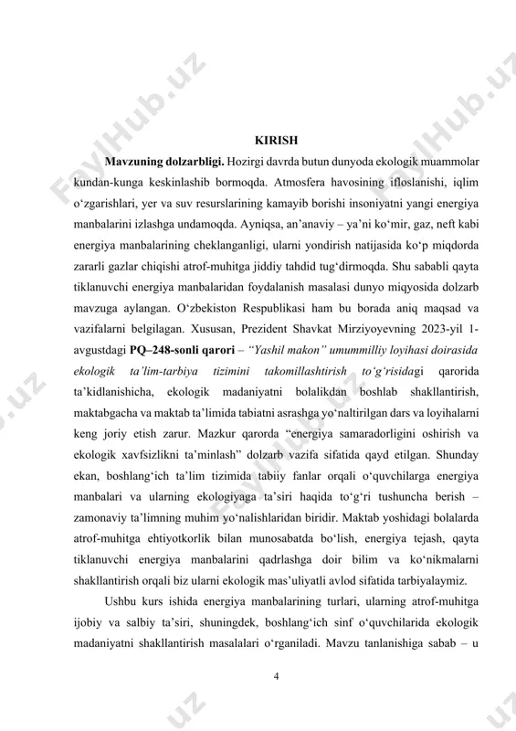 qlash; · boshlang‘ich ta’limda mavzuni o‘qitish usullarini ko‘rsatish · o‘quvchilarda ekologik madaniyatni shakllantirish yo‘llarini aniqlash. kurs ishining predmeti. boshlang‘ich ta’limda tabiiy fanlar darslari orqali energiya manbalari va ularning ekologik ta’siri haqida o‘quvchilarga beriladigan bilim va tarbiyaviy jarayondir. kurs ishining obyekti. boshlang‘ich ta’lim tizimidagi tabiiy fanlar fani mazmuni va o‘quv jarayoni hisoblanadi. kurs ishining tuzilishi: kirish, 2 ta bob, umumiy xulosa va foydalanilgan adabiyotlar ro‘yxatidan iborat. i-bob. energiya manbalari va ularning turlari 1.1. energiya va uning ahamiyati energiya — bu tabiatda mavjud bo‘lgan har qanday ish bajarish yoki harakatni amalga oshirish qobiliyatidir. energiya bo‘lmasa, hech qanday harakat yoki o‘zgarish yuz bermaydi. tirik organizmlar hayot kechirishi, mashinalar harakatlanishi, elektr asboblari ishlashi, hatto quyosh nuri orqali o‘simliklarning o‘sishi ham energiyasiz sodir bo‘lmaydi. shuning uchun energiya hayotimizning eng muhim tarkibiy qismlaridan biridir. energiyaning o‘zi ko‘rinmaydi, lekin uning ta’sirini va natijasini kundalik hayotda ko‘p uchratamiz. misol uchun, tok manbaiga ulangan lampochka yonadi — demak, u …