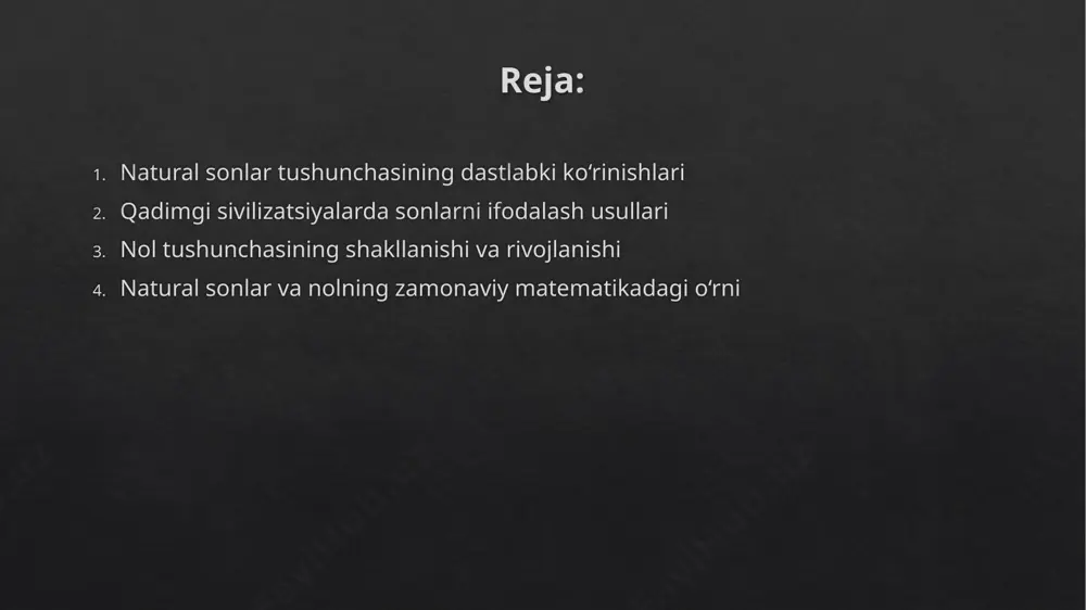 mixxat yozuvida yozilgan belgilardan foydalanib, bitta belgining turli joylardagi o‘rniga qarab turlicha ma’no berishgan. bu joylashuvga bog‘liq son ifodasi tizimiga yaqinlashish edi. h indlar esa 10 lik sanoq tizimining asoslarini ishlab chiqqanlar. bu tizimda har bir sonning qiymati faqat belgi emas, balki uning o‘rni orqali aniqlanadi. aynan hind matematiklari tomonidan o‘ringa asoslangan sonlar tizimi mukammallikka yetkazilgan. xitoyda esa sonlar vertikal chiziqlar va belgilar yordamida ifodalangan. rimliklar esa harflarga asoslangan son tizimini ishlab chiqqan bo‘lib, bu tizim hozirgi kungacha ayrim sohalarda ishlatiladi. turli xalqlarda sonlarni ifodalashda farqlar bo‘lsa-da, barchasi sanash, tartiblash, o‘lchash kabi amaliy ehtiyojlardan kelib chiqqan. bu tizimlar orqali natural sonlar asta-sekin rivojlanib, universal matematik tushunchaga aylangan 3. nol tushunchasining shakllanishi va rivojlanishi nol (0) tushunchasi insoniyat tafakkurining ulkan yutug‘idir. u dastlab "hech narsa yo‘qligi", "bo‘sh joy" yoki "bo‘sh o‘rin" ma’nolarida ishlatilgan. qadimgi babilonliklar joyni to‘ldirish uchun ikki yondosh belgi (masalan, ikkita tirnoq) ishlatganlar, ammo bu hali nurning noli emas …