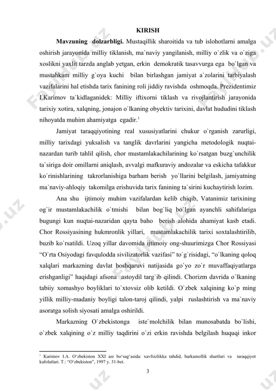 lga oshirdilar. mustamlakachilik zo`ravonligi tarixi davri ko`p jihatdan hali “oq dog`lar” va “qora o`pirilishlar” bilan ajralib turibdi. bular ayniqsa imperiya tuzumining iqtisodiy, ijtimoiy va ma`naviy tuzilmalariga, hukmron markazning o`zbek xalqini muntazam ravishda talash mexanizmini yaratishga va uni kuchaytirishga, mamlakatimizni chor imperiyasining qo`shicha xomashyo qo`shimchasiga aylantirilishi evolyutsiyasiga taalluqlidir. tarixiy tafakkurning mazkur yo`nalishi ilmiy bilishning mustaqil obyekti sifatida rosmana ilgari surishga qadam qo`yildi. ushbu tadqiqot ishining asosiy e`tibori chor rossiyasi mustamlakachilik siyosatini olib qarashga va ochib berishga qaratildi. bitiruv malakaviy ishida zamonaviy ilmiy tasavvurlar asosida chor mustamlaka tuzumining umumiy va xususiy tomonlari ko`rsatib berildi. milliy iqtisodiyotning mustamlakachilik rejalari asosida o`zgartirilishi, ishlab chiqaruvchi kuchlarni bir tomonlama joylashtirilishining yoritib berilishi, o`lkamizning metropoliya uchun xom ashyo yetkazib beruvchi qo`shimchaga va tayyor mahsulotlarni sotish bozoriga aylantirish mexanizmi ochib berildi. ishda o`zbekistonning tabiiy xom ashyo va odam resurslarini imperiya tarzda ishlatishga, sanoat va qishloq xo`jaligi ishlab chiqarishi sohasidagi milliy boyliklardan yoppasiga foydalanishga, paxta yakkahokimligi zo`ravonligining uzoq muddatga …