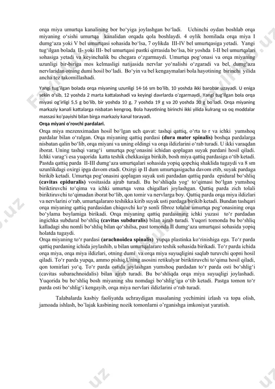 qo‘shib turadi. shuning uchun ularning ma’lum nuqtalaridagi ta’sirot ma’lum segment sohasiga tarqaladi. nerv tugunlari hayvonlarni bosh qismida ko‘proq to‘plangan bo‘lib sezgi a’zolari bilan bog‘lanadi. iii-bosqich naysimon nerv tizimi. umurtqali hayvonlarda nerv hujayralari bir-biri bilan bog‘lanib uzluksiz nerv tizimchasini hosil qiladi. uning ichida bo‘shlig‘i bo‘ladi. bu bosqichda nerv tizimi bir xil segmentlardan iborat bo‘lib, neyronlarning o‘simtalari ma’lum bir segmentga tegishli sohaga tarqaydi. nerv tizimining taraqqiyoti odamning markaziy nerv tizimi pushtning tashqi varag’i ektodermadan taraqqiy etadi. pusht tanasining dorsal qismlarida ektoderma hujayralari nerv (medullyar) plastinkani hosil qiladi. dastlab u bir qavat hujayralardan iborat bo‘lib, keyinchalik bu hujayralardan spongioblastlar (tayanch to‘qima-neyrogliyani hosil qiluvchi) va nerv hujayralarini hosil qiluvchi neyroblastlar takomillashadi. medullyar plastinka hujayralarining ko‘payishi uning turli qismlarida har xil bo‘lgani uchun u bukilib medullyar egat hosil bo‘ladi. uning chekkalari o‘sishi natijasida sekin-asta ko‘tariladi va o‘zaro birikib nerv nayini hosil qiladi. nerv nayi birikish davrida uch qavatdan iborat bo‘lib, keyinchalik ichki qavatidan qorinchalar va …