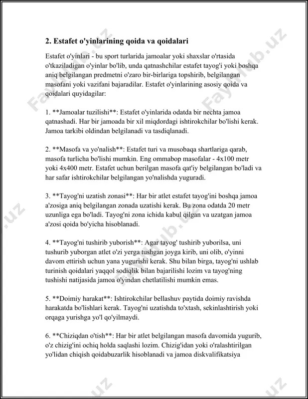 * - mavjudlik uchun 1-2 xavfsizlik nazoratchisi yoki trener tayinlanadi. ular o'yinni kuzatib borib, xavfsizlik choralari to'g'ri bajarilayotganini ta’minlashlari kerak. - nazoratchilar o'yin davomida doimo maydonda yoki yaqin atrofda bo'lishlari zarur. 7. **yordam va shoshilinch choralar:** - o'yin maydonida tibbiy yordam vositalarining (o'rindiqlar, arbaletka, birinchi yordam qutisi) mavjudligi talab etiladi. - birinchi yordam ko'rsatish vaqtining minimal muddatda amalga oshirilishi (2-3 daqiqa ichida) muhimdir. 8. **to'g'ri bo'lgan signal tizimi:** - o'yinchilarga xavfli vaziyatlar haqida ogohlantirish uchun signal belgilarining mavjudligi kerak. - har bir 5-10 metr ichida tushunarli va ko'rinadigan signal belgilar o'rnatilgan bo'lishi shart. 9. **hisobot va takomillashtirish:** - har bir estafet bahsidan keyin o'yin jarayoni va xavfsizlik choralari haqida yozma hisobot yozilishi tavsiya etiladi. - takomillashtirish uchun har oyda bir marta xavfsizlik yig'ilishi o'tkazilishi kerak. 10. **trainer va trenerlar uchun mashg'ulot:** - xavfsizlik mashg'ulotlari kamida har yilda bir marta yoki yangi mavsum oldidan o'tkazilishi lozim. - trainerlar ishtirokchilarga xavfsizlik bo'yicha …