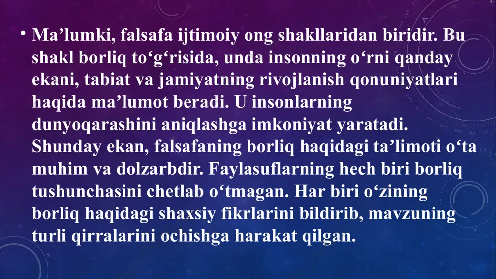 amiyat moddiy borlig’i ma’naviy borliq 2 turga bo’linadi individuallashgan ma’naviy borliq obyektivlashgan ma’naviy borliq e’tiboringiz uchun raxmat . image2.png image3.png /docprops/thumbnail.jpeg