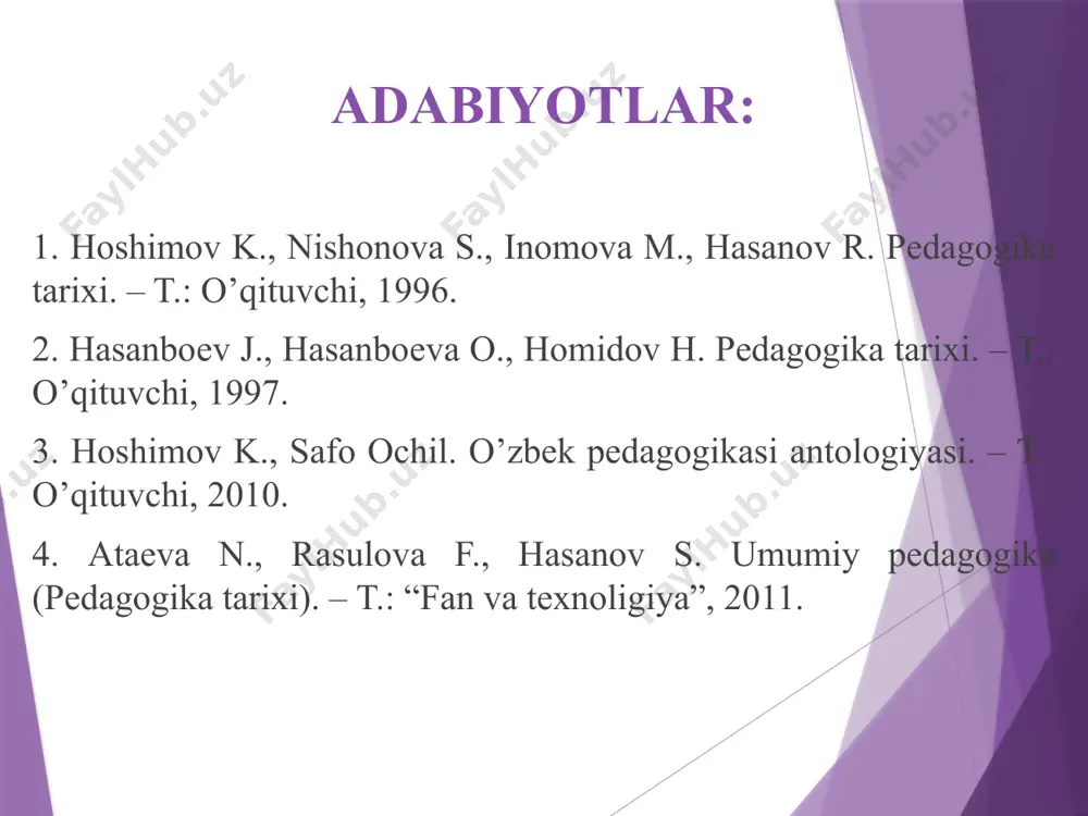 shohidligini farishtalarning shoxidligi bilan tenglashtiradi. 8. ma’naviy bо‘shliqning oldini oladi. ilm bilan kibrlanmaslik yusuf surasi 76 - oyat; ota-bobomiz qilgan deb emas, davom ettirish moida surasi 104 - oyat. hadis –muhammad (s.a.v)payg‘ambarning hayoti va faoliyatiga oid diniy-dunyoviy kо‘rsatmalar majmuasidir hadis ilmining paydo bо‘lishi. hadislar dastlab yozilmagan. sahobalar (abu hurayra va boshqalar) yod olganlar. (tо’g‘ri, sahih hadislar) xalifa umar ibn abdulaziz tomonidan ishonarli hadislar tо‘planadi. viii – ix asrlar hadis ilmi uchun “oltin davr” hisoblanadi al-kutub as-sitta mualliflari va asarlari nomi «as-saxix» muhammad ibn ismoil al-buxoriy imom muslim an-nishopuriy «as-saxix» «sunon» imom ibn mojja imom ibn iso at-termiziy «aj-jami al-kabir» «sunon» imom abu dovud as-sulaymon ahmad an-nasoiy “musnad” “sahih” “sunon” hadis yо‘nalishlari bunga abdulloh ibn muso va imom ahmad ibn hambal. (turli mavzudagi hadislar bir joyda keltirilib, alifbo tartibiga joylashgan) imom al-buxoriy (to’g’ri ishonarli xadislar) tо‘g‘ri, ishonarli hadislar bilan bir qatorda “zaif” hadislar ham kiritilgan. abu dovud, iso at-termiziy, an-nasoiy, ibn …
