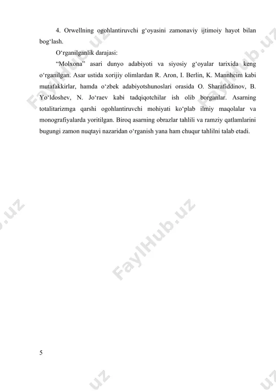 itar jamiyatlarning rivojlanishida psixologik va ijtimoiy omillar, shuningdek, insonlarning o‘zgarishlarga qanday munosabatda bo‘lishi muhokama qilinadi. asarda ilgari surilgan fikrlar va tahlillar asosida, totalitarizmga qarshi kurashishda insonlarning roli va muhimligi ta’kidlanadi. umuman olganda, bu asar totalitar jamiyatlarning qanday qurilganini, ularning inson huquqlariga ta’sirini va dunyo siyosatiga qanday ta’sir qilishini tushunishga katta yordam beradi. bu ma’lumotlar yordamida mualliflar va ilmiy izlanuvchilar totalitarizmning salbiy tomonlarini tahlil qilish va unga qarshi kurashish bo‘yicha keng qamrovli tadqiqotlar olib borishlari mumkin. totalitar jamiyatlar, jorj orell molxona asarida keng qamrovli va chuqur tahlil qilinadigan mavzudir. asarda totalitarizmning asosiy xususiyatlari, uning jamiyatdagi o‘ziga xosligi va inson huquqlariga ta'siri tafsilot bilan ochib beriladi. molxona asarida totalitarizm faqatgina siyosiy rejim sifatida emas, balki ijtimoiy va madaniy hayotning barcha sohalarini qamrab oluvchi kompleks tuzilma sifatida tasvirlanadi. molxona totalitar jamiyatda hukmronlik qilishning asosiy usullari va mexanizmlari keng yoritiladi. bu jamiyatlarda hukumat nazoratining qat’iyligi, insonlarning shaxsiy hayotiga kirib borishi, erkinliklarning buzilishi va shaxsiy …