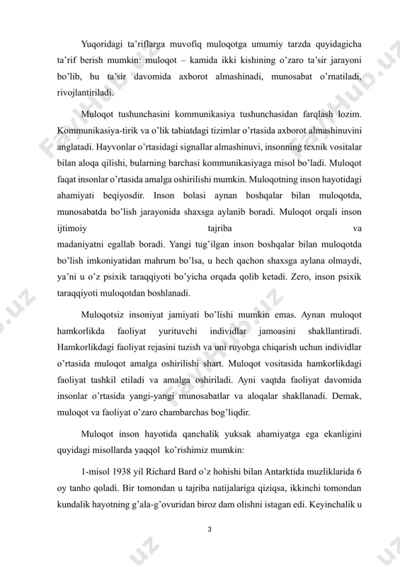 tobora mazmunsiz, mantiqsiz, maqsadsiz bo’lib borayotganday edi. xavf xatarlardan qo’rqmaydigan odam bo’lsam-da, negadir bu yerda tomning bosib qolishidan xavfsiray boshladim. ovqatlanishimda muntazamlik yo’qoldi, yuvinmay qo’ydim”. 2-misol. tarixda yaponlarda “moritao” nomli insonning o’zini-o’zi takomillashtirish tizimi mavjud bo’lgan. vaholanki, inson hech qanday jismoniy azoblarga duchor bo’lmaydi. faqatgina bir haftaga g’orga kirib ketib, u yerda tanho qoladi. bu yerda u hatto o’zi bilan gaplashishi mumkin bo’lmagan. sinovdan o’tganlar keyinchalik har qanday uchrashuv va suhbatni xursandchilik bilan qarshi oladilar. qizig’i shundaki, ularda ko’proq gapirish ehtiyoji emas, balki tinglash ehtiyoji kuchayar ekan. 3-misol. bir paytlarda amerikada barcha tamaddixonalarni avtomatlashtirish avj olgan edi. ammo ko’p o’tmay ularning egalari kasodga uchray boshladi. ma’lum bo’lishicha, bu yerga odamlar nafaqat tammadi qilish, balki suhbatdosh topish uchun ham kelganlar. bundan ko’rinadiki, insonlar doimo muloqotga ehtiyoj sezadilar va uni qondirishga harakat qiladilar. muloqot jarayonida muloqot funksiyalari ham muhim rol o’ynaydi. muloqot funksiyalari deganda muloqotning inson hayotida bajaradigan funksiyalari tushuniladi. muloqot funksiyalari …