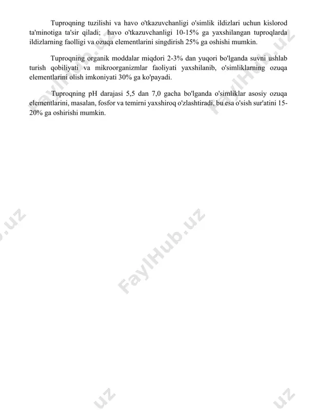 k ildizlari uchun kislorod ta'minotiga ta'sir qiladi; havo o'tkazuvchanligi 10-15% ga yaxshilangan tuproqlarda ildizlarning faolligi va ozuqa elementlarini singdirish 25% ga oshishi mumkin. tuproqning organik moddalar miqdori 2-3% dan yuqori bo'lganda suvni ushlab turish qobiliyati va mikroorganizmlar faoliyati yaxshilanib, o'simliklarning ozuqa elementlarini olish imkoniyati 30% ga ko'payadi. tuproqning ph darajasi 5,5 dan 7,0 gacha bo'lganda o'simliklar asosiy ozuqa elementlarini, masalan, fosfor va temirni yaxshiroq o'zlashtiradi, bu esa o'sish sur'atini 15-20% ga oshirishi mumkin. 📌xulosa тадқиқот натижалари атроф-муҳит омилларининг ўсимлик озуқасига салмоқли таъсирини кўрсатди. тупроқнинг кимёвий таркиби, ҳарорат ва ёритилиш даражаси ўсимликнинг ўсиши ва ривожланишига бевосита таъсир кўрсатади. келгуси тадқиқотлар бу омилларни батафсил ўрганишга бағишланиши лозим. 📚foydalanilgan adabiyotlar 1. ta’sir etuvchi muhit omillarining o‘simlik oziqlanishiga ta’siri: nazariy asoslar va amaliy qo‘llanmalar. 2. o‘simliklarning mineral oziqlanishi va atrof-muhit omillari o‘rtasidagi munosabatlar. 3. suv tanqisligi sharoitida o‘simliklarning ozuqa elementlarini o‘zlashtirishi. 4. tuproqning fizik-kimyoviy xossalari va o‘simliklarning oziqlanishi. 5