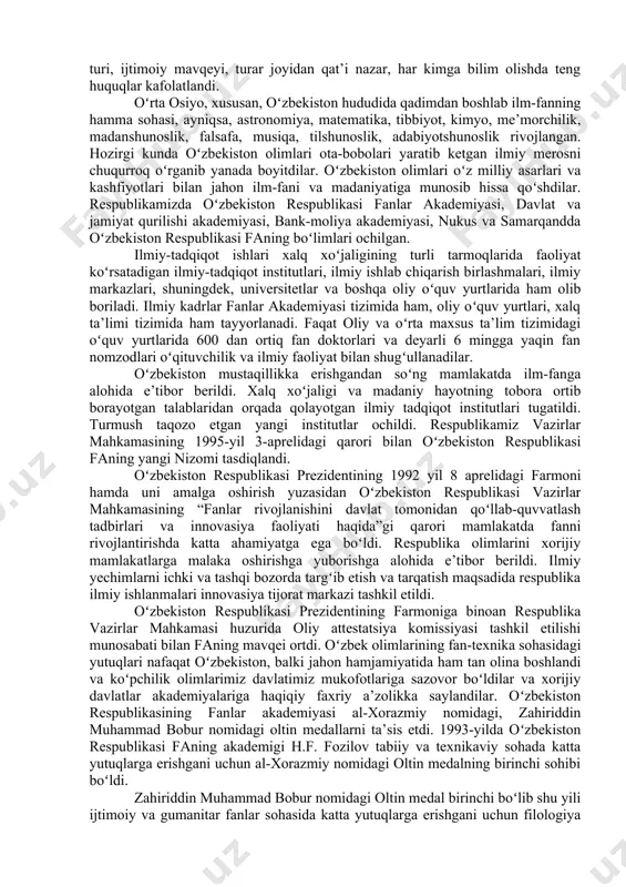 hun yer maydonlari ajratildi. qishloqlarda istiqomat qiladigan pedagog xodimlarning hammasi kommunal xizmat uchun to‘lovlardan ozod etilgan bo‘lsalar, shaharliklar uning 50 foizi miqdorida to‘lab bordilar. keyinchalik kommunal xizmat bo‘yicha bu imtiyozlar oylik maoshlariga qo‘shib beriladigan kompensatsiya bilan almashtirildi. 1992-yildagi qonun asosida umumiy ta’lim quyidagi bosqichlar bo‘yicha amalga oshirila boshlandi: i bosqich - boshlang‘ich ta’lim (1-4-sinf); ii bosqich - asosiy (tayanch) maktab (4-9-sinf); iii bosqich - yuqori o‘rta maktab (10-11-sinf). o‘zbekiston respublikasi oliy majlisining 1996-yil dekabrdagi qarori bilan 1-oktabr - “o‘qituvchilar va murabbiylar kuni” deb belgilandi hamda bu kun bayram sifatida dam olish kuni deb e’lon qilindi. o‘zbekistonda jinsi, tili, yoshi, irqiy, milliy mansubligi, e’tiqodi, dinga munosabati, ijtimoiy kelib chiqishi, xizmat turi, ijtimoiy mavqeyi, turar joyidan qat’i nazar, har kimga bilim olishda teng huquqlar kafolatlandi. oʻrta osiyo, xususan, oʻzbekiston hududida qadimdan boshlab ilm-fanning hamma sohasi, ayniqsa, astronomiya, matematika, tibbiyot, kimyo, me’morchilik, madanshunoslik, falsafa, musiqa, tilshunoslik, adabiyotshunoslik rivojlangan. hozirgi kunda oʻzbekiston olimlari ota-bobolari …