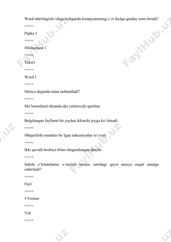 ы bandida ++++ barcha ishchi kitoblar o‘rtasida bog‘lanishlar qaysi bo’limda amalga oshiriladi? ==== fayl ==== #dannыe ==== vstavka ==== vid ++++ argument qiymatining modulini hisoblaydigan buyruq nomi nima? ==== ln ==== exp ==== sin ==== #abs ++++ koren buyrug’i qanday buyruq hisoblanadi? ==== haqiqiy sonni yaxlitlaydi ==== #sonni kvadrat ildizini hisoblaydi ==== sonning modulini hisoblaydi ==== sonning eksponentasini hisoblaydi ++++ barcha ishchi kitoblar o‘rtasida bog‘lanishlar qaysi bo’limda amalga oshiriladi? ==== fayl ==== #dannыe ==== vstavka ==== vid ++++ joriy katakdagi qiymatning formulasini ko‘rish yoki joriy katakka qiymatlar kiritish uchun mo‘ljallangan satrni toping. ==== #formulalar satri ==== sarlavhalar sarti ==== joriy satr ==== to’g’ri javob yo’q. ++++ ms excel 2010 da nechta ustun qatorlari bor? ==== #65536 ==== 15334 ==== 26350 ==== 16345 ++++ ms excel 2010 dasturida funksiya grafiklarini hosil qilish qanday amalga oshiriladi? ==== #vstavka bo‘limining diagrammы bandida ==== vstavka bo‘limining risunok bandida ==== glavnaya bo‘limining diagrammы bandida ==== …