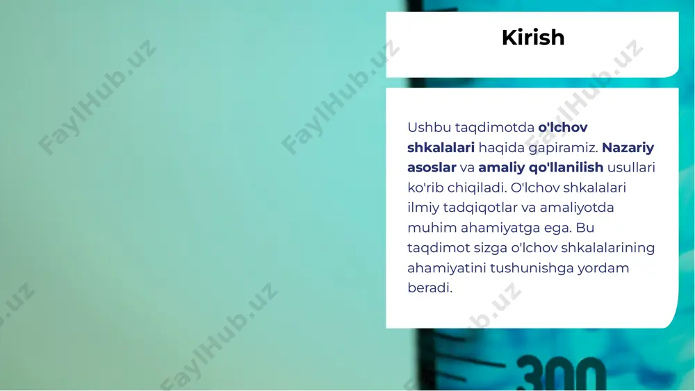 lekin ularning farqlari aniq emas. misol uchun, reytinglar yoki baholar ordinal shkalaga misol bo'la oladi. interval shkalainterval shkala interval shkala - bu ma'lumotlarni o'lchash va taqqoslash imkonini beradi. bu shkalada farqlar aniq va o'lchovlar orasidagi masofalar teng. misol uchun, harorat yoki vaqt interval shkalasiga misol bo'la oladi. interval shkala - bu ma'lumotlarni o'lchash va taqqoslash imkonini beradi. bu shkalada farqlar aniq va o'lchovlar orasidagi masofalar teng. misol uchun, harorat yoki vaqt interval shkalasiga misol bo'la oladi. nisbat shkalanisbat shkala nisbat shkala - bu eng kuchli o'lchov shkalasi bo'lib, u nollik nuqtasi va teng masofalar bilan ajralib turadi. bu shkalada ma'lumotlar o'rtasida to'liq matematik operatsiyalarni amalga oshirish mumkin. misol uchun, og'irlik va uzunlik nisbat shkalasiga misol bo'ladi. nisbat shkala - bu eng kuchli o'lchov shkalasi bo'lib, u nollik nuqtasi va teng masofalar bilan ajralib turadi. bu shkalada ma'lumotlar o'rtasida to'liq matematik operatsiyalarni amalga oshirish mumkin. misol uchun, og'irlik va uzunlik nisbat …