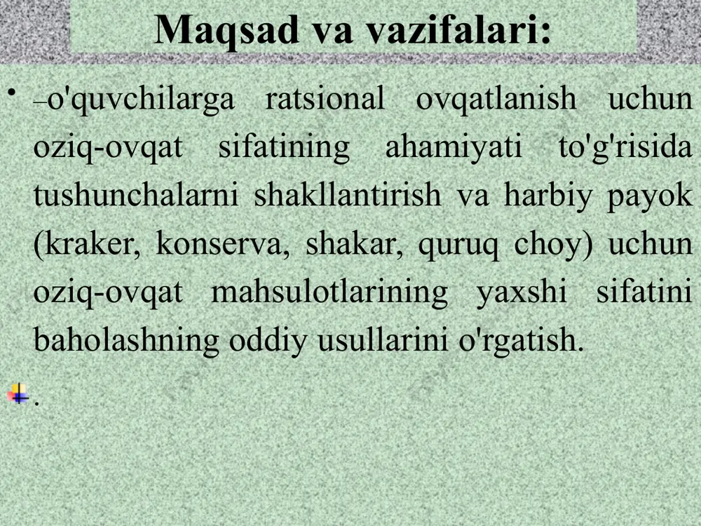 boratoriyalari a'zosi sifatida shifokor ishtirokida amalga oshiriladi. organoleptik va fizik-kimyoviy ko'rsatkichlarni laboratoriya tadqiqotlari yakunida protokol tuziladi, mahsulotning sifati to'g'risida yakuniy xulosa beriladi va bu haqda komandirga xabar beriladi. 6 6 namuna tanlash. mahsulot namunasini komissiya qabul qiladi: u oziq-ovqat xizmati rahbari, shifokor, oziq-ovqat ombori boshlig'i. mahsulotning kichik partiyasi bo'lsa, barcha paketlar tekshiruvdan o'tkaziladi ko'p miqdorda 10-15% paketlar ochiladi. o'rtacha 600-1000 g og'irlikdagi mahsulot quyma mahsulotlardan tayyo 7 7 tanlashdan oldin suyuq oziq-ovqat mahsulotlari aralashtiriladi va 400-500 g miqdorida olinadi, qattiq yog'lar har xil joylardan umumiy miqdori kamida 200 g dan kesiladi. go'sht va baliq ham turli joylardan bo'laklarga bo'lib 250-300 gr. dastlabki qadoqdagi non va mahsulotlar (choy, qahva, konserva, quruq ratsion) kamida ikki bo'lakdan to'liq namunalarda olinadi. olingan namunalar o'raladi, muhrlanadi va laboratoriyaga qopqoq xat bilan yuboriladi: namuna olish joyi va vaqti, mahsulot nomi, o'rganish maqsadi, imzosi. namuna laboratoriyaga imkon qadar tezroq etkazib beriladi. namuna tanlash. 8 8 quruq payok …