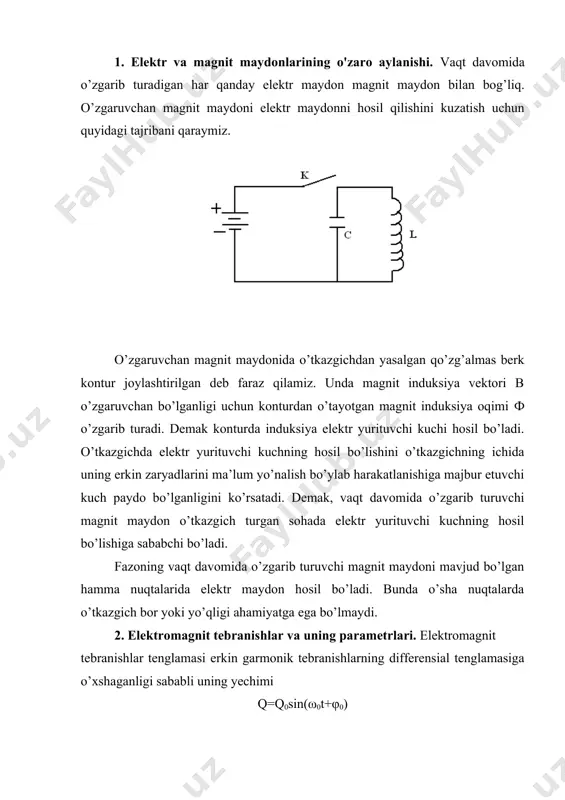 ydon o’tkazgich turgan sohada elektr yurituvchi kuchning hosil bo’lishiga sababchi bo’ladi. fazoning vaqt davomida o’zgarib turuvchi magnit maydoni mavjud bo’lgan hamma nuqtalarida elektr maydon hosil bo’ladi. bunda o’sha nuqtalarda o’tkazgich bor yoki yo’qligi ahamiyatga ega bo’lmaydi. 2. elektromagnit tebranishlar va uning parametrlari. elektromagnit tebranishlar tenglamasi erkin garmonik tebranishlarning differensial tenglamasiga o’xshaganligi sababli uning yechimi q=q0sin(ω0t+φ0) ko’rinishga ega bo’ladi. bu yerda q0 – kondensator qoplamalaridagi maksimal zarayad. ω0 kontur xususiy tebranishlarining chastotasini topish mumkin. tebranishlar davri esa . davriy ravishda takrorlanib turadigan harakat tebranma harakat deyilishi ma’lum. muayyan vaqt davomida sistemaning muvozanat holatidan x davriy siljishi sinusoidal qonun bo'yicha yuz beradigan tebranish garmonik tebranish deb ataladi, uning harakat tenglamasi quyidagicha: x=a sin((t+() bu yerda a kattalik tebranishning muvozanat holatidan maksimal chetlashishidir. sinusning qiymati -1 dan +1 gacha o'zgargani uchun siljishning qiymati -a dan +a gacha o'zgaradi. siljishning bu chetki qiymatlarining moduli tebranish amplitudasi deb ataladi. garmonik tebranma harakat tenglamasidagi (t+( ifoda …