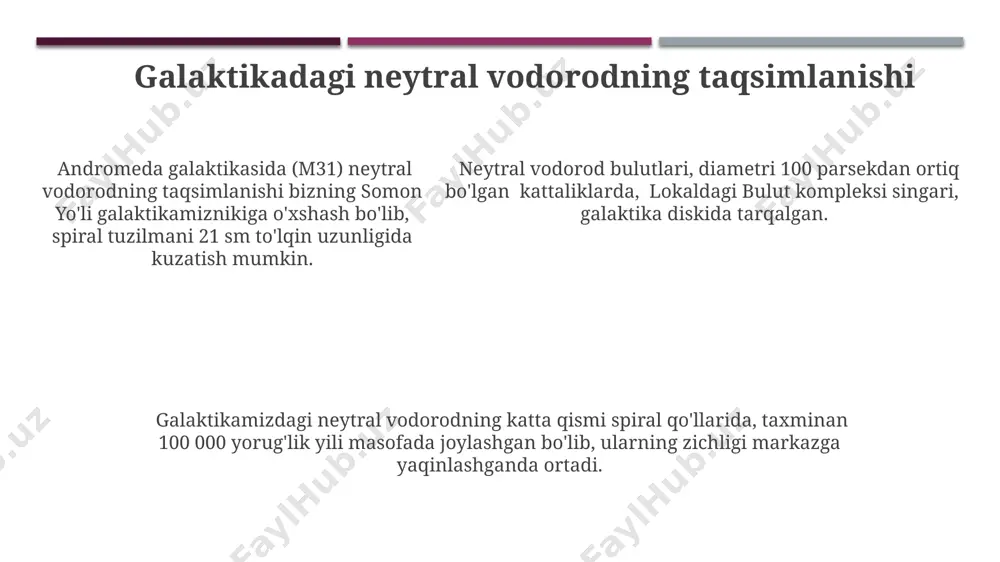 netik harakati galaktikalararo muhitda 100 km/s gacha tezliklarga ega boʻlib, bu ularning gravitatsion maydonlar taʼsirida harakatlanishi bilan bogʻliq, masalan, andromeda galaktikasi yaqinida. neytral vodorod bulutlarining zichligi 0.1 dan 10 atom/sm³ gacha oʻzgarib turadi va bu ularning oʻlchamlari va joylashuvi (masalan, somon yo'li spiral qo'llarida) ga bogʻliq. neytral vodorodning kuzatish usullari neytral vodorodning taqsimlanishini o'rganish uchun lyuman alfa (lyα) emissiya chiziqlari ham qo'llaniladi, bu 121,6 nm to'lqin uzunligidagi nurlanish bo'lib, kosmik teleskoplar, shu jumladan hubble kosmik teleskopi yordamida kuzatiladi va yaqin galaktikalardagi neytral vodorodning tuzilishi haqida ma'lumot beradi. neytral vodorodning 21 sm to'lqin uzunligidagi emissiyasi radioteleskoplar yordamida kuzatiladi, masalan, avstraliyadagi parkes teleskopi yoki puerto-rikodagi arecibo radioteleskopi kabi yirik inshootlar orqali galaktikamiz va uzoq galaktikalardagi neytral vodorod bulutlarini aniqlash mumkin. 21 sm chiziqning doppler siljishi yordamida neytral vodorodning radial tezligini o'lchash mumkin, bu esa galaktikalar harakatini, masalan, andromeda galaktikasining bizga yaqinlashish tezligini aniqlashda muhim rol o'ynaydi va kosmik tuzilmalarning keng miqyosdagi harakatlarini …