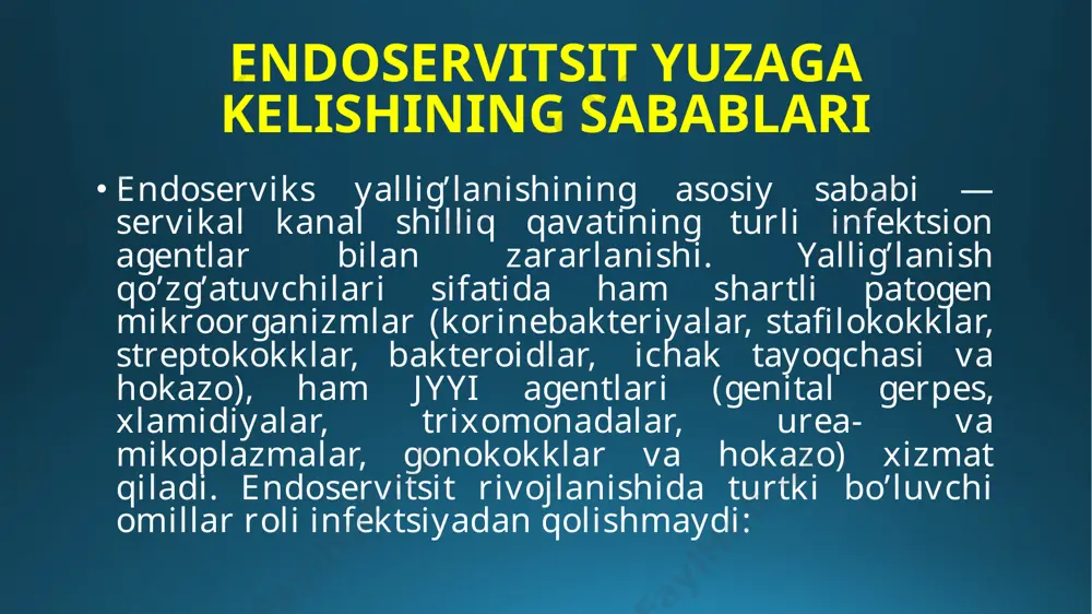 malar mavjudligi (nabotov kistalari) mavjudligini tasdiqlaydi, shuningdek onkojarayonni istisno etadi. ko’rik davomida endoservitsitni boshqa bachadon bo’yni shikastlanishlari- ektopiya, saraton, tuberkulyoz, sifilisdan differentsial tashxislanishi amalga oshiriladi. bu holda, bemorga akusher-ginekologdan tashqari, dermatovenerolog, ftizioginekolog, onkoginekolog maslahati kerak bo’lishi mumkin. endoservitsitni davolash davo choralarining maqsadi yallig’lanishni to’xtatish, turtki bo’ladigan omillarning ta’sirini kamaytirish yoki yo’q qilish va birgalikda kechayotgan patologiyalarni davolashdir. davolashning asosiy sxemasi, qoida tariqasida, quyidagi bosqichlar bilan ifodalanadi: etiotrop terapiya muayyan patogen sezgir bo’lgan maxsus mikrobga qarshi preparatlarni og’iz, mushak ichiga, vena ichiga va mahalliy usulda qo’llashni nazarda tutadi. bemorlarga antibiotiklar, zamburug’larga qarshi, antiparazitar preparatlar va ularning kombinatsiyasi buyuriladi. menopauza va klimaksda estrogen yetishmovchiligini to’ldiradigan gormonal dori-darmonlar ham etiotroplarga mansub. qinning normal mikroflorasini tiklash — eubiotiklarni qo’llashni nazarda tutadi, bu retsidivlar (qaytalanish) ehtimolini kamaytirish uchun kerak. endoservitsitni keltirib chiqargan bevosita sababchilarga qaratilgan dori-darmonlarga qo’shimcha ravishda kompleks davolanish boshqa davolash usullarini ham o’z ichiga oladi. shunday qilib, sog’ayishni tezlashtirish va asoratlarni kamaytirish uchun …