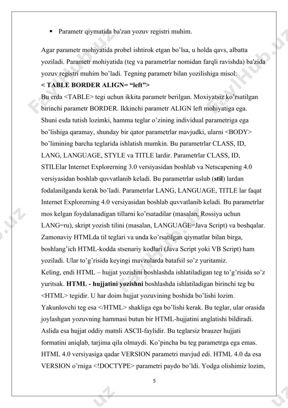 rauzerlarga matn va grafiklarni qanday qilib sharhlash va aks ettirish lozimligini ko’rsatib turadi. html fayl – bu oddiy matnli fayl. shuning uchun uni istagan matn redaktorida, masalan ms word yoki oddiy «bloknot»da yaratish mumkin. html sahifa nima? - bu oddiy text fayl bo'lib, .html qisqartmasiga ega. eslatib o’tish joiz, hujjat yaratilgach, uni matn formatida saqlash kerak. lekin, bu ishni bajarishdan oldin uning kengaytmasini o’zgartirish, ya'ni txt o’rniga html yoki htmni qo’yishni esdan chiqarmaslik kerak. html va htm kengaytmasi html fayl uchun standart hisoblanadi. bundan tashqari, bu kengaytmalar kompyuterga faylda matnlardan tashqari html kodlari ham mavjudligini ko’rsatib turadi. html tili harflar razmeriga befarqdir, ya'ni bosh va kichik harflar bir xil qabul qilinadi. lekin teglarni yozishda ko’pincha bosh harflardan foydalaniladi. bundan tashqari, html sahifani yaratish uchun maxsus dasturlarni qidirib topib, sotib olish shart emas. matn tahrirlovchi har qanday dastur orqali html sahifa yaratish mumkin. masalan: windows muxitidagi matn muxarrirlari: notepad, textpad, ultraedit, …