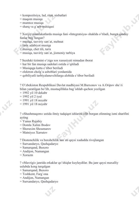 landlikka ega bo’lgan cholg`u asboblari = elektr cholg`u asboblari = balalaykaga, surnayga, qoshiq ? opera janri deb nimaga aytiladi + barcha musiqiy janrlarni uz ichiga olgan eng katta saxnaviy asarlar = libretto asosida yozilgan asarga aytiladi = libretto asosida yozilgan asarga aytiladi = simfonik arkestr jurligida ijro etilgan asar ? simfonik orkestr deb nimaga aytiladi + turli cholg`u asboblarda ijro etiladigan sozandalar katta jamoasida = bir necha cholg`u asboblarida birgalikda kuy ijro etilganda = sozandalar jamoasi = torli kamonchi asboblarda kuy ijro etilishi ? uzbek xalq musiqasi necha turga bulinadi + xalq ommaviy musaqasi; professional kasbiy musiqa = lirik qo`shiqlar, katta qo`shiq, lapar = lirik qo`shiqlar, yalla lapar = xalq qo`shiqlari, xorazm musiqasi katta qo`shiq ? terma qo`shiqlar deganda nimani tushinasiz + pand nasixat xaqidagi qo`shiq = turli mazmun va janrdagi qo`shiqlar = bir xil ritm va usuldagi asarlar = turli mazmundagi lekin bir xil usuldagi asarlar ? yalla deb …