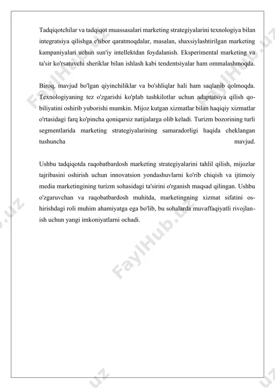 aniyalar o'z brendlarini ommalashtirish, mijozlar bilan aloqalarni kuchaytirish va ularning fikrlarini o'rganish imkoniyatiga ega. mijozlar tomonidan yaratilgan kontent va fikr-mulohazalar orqali brendning imiji va sodiqligi oshadi. raqobatbardosh marketing strategiyalarining samaradorligini o'lchash uchun bir qator metrikalardan foydalanish mumkin. masalan, sotuvlar, mijozlar soni, brendga bo'lgan qiziqish va ijtimoiy tarmoqlardagi faollik kabi ko'rsatkichlar kompaniyaning marketing strategiyalarining muvaffaqiyatini aniqlashda muhim ahamiyatga ega. shu bilan birga, turizm va mehmonxona sohasida raqobatbardosh marketing strategiyalarini amalga oshirishda ayrim muammolar va qiyinchiliklar mavjud. o'zgaruvchan bozor sharoitlari, mijozlarning tez o'zgarib turadigan talab va ehtiyojlari, shuningdek, raqobatchilar orasidagi kuchli raqobat kompaniyalarni har doim yangi va innovatsion yondashuvlarni qidirishga majbur qiladi. xulosa qilib aytganda, raqobatbardosh marketing strategiyalari turizm va mehmonxona sohasida muvaffaqiyatli faoliyat yuritish uchun zaruriy shartdir. ular mijozlarni jalb etish, ularning sodiqligini oshirish va bozorning o'zgaruvchan sharoitlariga mos keladigan xizmatlarni taqdim etish imkonini beradi. raqobatchilarni o'rganish, mijoz ehtiyojlarini tushunish va innovatsion yondashuvlardan foydalanish orqali kompaniyalar o'z raqobatbardoshligini oshirish va muvaffaqiyatga …
