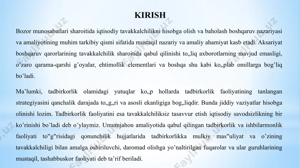 kkalchilik” ta’rifini to’liq belgilash uchun, oldin “tavakkalchilik vaziyati” tushunchasiga ta’rif berishimiz kerak, chunki bu bevosita “tavakkalchilik” atamasi mazmuni bilan uzviy bog‟liqdir. biz rus lug’atida qabul qilingan “risk” so’zini “tavakkalchilik” deb tarjima qildik. bu atamaga yana ekvivalent o’zbek tilida «qaltislik» va «risk»ni o’zini ishlatish kerak degan fikrlar bor. chunki «tavakkalchilik» so’zi «risk»ni to’la mazmunini o’zbek tilida ifodalay olmaydi. kelajak o’zbek tilida qaysi so’zni tanlashni ko’rsatib berar. «vaziyat» tushunchasi u yoki bu faoliyat uchun imkoniyat yaratuvchi turli holat va shart-sharoitlar jamlamasining birikuvi deb ta’rif berish mumkin. bunday holda vaziyat mazkur faoliyatini amalga oshirish uchun imkoniyat yaratish yoki unga to’sqinlik qilishi mumkin. tavakkalchilikka uning mohiyatini anglash imkonini beruvchi xislatlar: qarama-qarshilik (zidlik) alternativlik(muqobillik) noaniqlik (mavxumlilik) qarama-qarshililik- tavakkalchilikning muhim xislatlaridan biri bo’lib u turli qarashlarda namoyon bo’ladi. tavakkalchilik- faoliyatining xilma-xilligini ifodalar ekan, bir tomondan tanlov muqarrarlik vaziyatida va noaniqlik sharoitidaligi murakkab uslublar bilan umum ahamiyatga moyil natijalarni olishga yo’naltirilgan bo’ladi. shu bilan bir qatorda u …