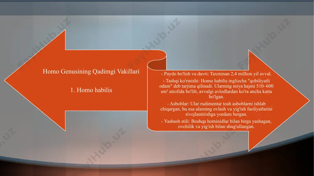o’rta miotsen yotqiziqlaridan topilgan. odam ajdodiga yaqinroq maymunlardan yana biri ramapitek bo’lib, ulaening suyak qoldiqlari shimoliy hindistondagi sivalika tepaligining quyi pliotsen yotqiziqlaridan topilgan. ramapiteklarning qoldiqlari sharqiy afrikadagi keniyadan topilib, u keniyapitek deb ham ataladi. ular 1014 million yil ilgari yashagan mavjudotdir. ulkan osiyo qit’asi, shu jumladan, janubi sharqiy osiyo tabiatshunoslar e’tiborini tortdi. ushbu mintaqalarda topilgan sodda odamsimon mavjudotlar- gominidlarning qazilma qoldiqlari misli ko’rilmagan topilma bo’lib, odamning osiyodan kelib chiqqanligiga bir dalil hisoblanadi. hayot evolutsion rivojalanishining oliy darajasi bo’lgan odamning shaklllanishi ham noyob jarayonlar ta’sirida ro’y bergan. shulardan biri taxminan 15 million yil muqaddam primatlarning ajdodlari zich yashagan afrika qit’asining shimoli-sharqida uran rudasining boy konsentratsiysiga ega bo’lgan qatlamlarning ochilishiga olib kelgan ulkan yoriq afrika rifti yuzaga keldi. sayyoramizning turli mintaqalarida topilgan shakli va rivojlanish darajasiga ko’ra bir-biridan farqlanuvchi minglab suyak qolodiqlari qadimgi odamlarning evolutsion rivojlanishi natijasida paydo bo’lganligiga shubha qoldirmaydi. xulosa eng qadimgi odamlar, homo genusiga mansub bo'lgan vakillar, insoniyat evolyutsiyasining …