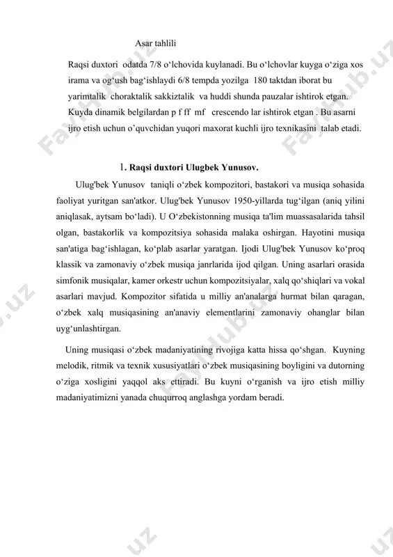 shhur sovet va rus bastakori, pianinochi, pedagog va jamoat arbobi bo‘lgan. u 10 farzandli oilaning eng kichigi bo‘lib, musiqaga bolaligidan qiziqqan. yoshligida gitarada va mandolinda chalishni o‘rgangan, keyinchalik musiqiy bilimini oshirish uchun moskvaga borgan. 1929–1932-yillarda gnesin nomidagi musiqa bilim yurtida tahsil olgan. • 1932–1936-yillarda moskva konservatoriyasida kompozitsiya va fortepiano yo‘nalishida o‘qigan. u yerda mashhur pedagoglar m. gnesin, v. shebalin va g. neygauzlardan saboq olgan. ijtimoiy va siyosiy faoliyati • 1947-yilda kpss (kommunistik partiya) a’zoligiga qabul qilingan. • 1948-yildan 1991-yilgacha sssr kompozitorlar ittifoqi bosh kotibi lavozimida ishlagan va sovet musiqasining siyosiy boshqaruvchisiga aylangan. • u zhdanov siyosati davrida formalizmga qarshi chiqib, ko‘plab bastakorlarning taqdiriga ta’sir qilgan. tixon xrennikov 2007-yil 14-avgust kuni 94 yoshida vafot etgan. bugungi kunda rossiyaning yelets shahrida va moskvada uning nomidagi muzeylar, musiqa maktablari faoliyat ko‘rsatmoqda. asar tahlili dutor ohanglari kuyi 6/8 o‘lchovida yoziladi. bu o‘lchovlar kuyga o‘ziga xos usul va kuychang ohangda yozilgan bolib 240 taktdan iborat …