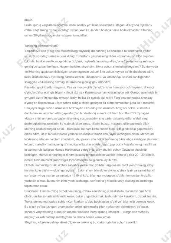 alqi ham qiziq. «farg‘ona fojealari» dedimi, 5000 kishi sig‘aturg‘on keng sahnalarga ham odam liq to‘la bergan. muni ko‘rgan muallif, «qimmatlik, «nafis» asarlarini keng turkistonning u boshidan bu boshig‘acha ko‘tarib borib, o‘ynatib yurg‘an... orag‘a «chig‘atoy gurungi» degan bir jamiyat chiqib qoldi. u jamiyatga mansub kishilar tilni soddalashtirmak maqsadini asos qilib ushlaganlari holda, o‘zbek adabiyotining tugallanishiga ham katta ahamiyat berdilar. tugallanadurgon adabiyot chin adabiyot bo‘lmog‘i kerak. shuning uchun adabiy asarlarga haqiqiy qiymatini berib, adabiyot kira olmag‘on narsalarni shafqatsiz suratda maydondan hayday boshladilar. ana shu harakatning zarbiga uchrag‘onlar orasida, xurshid sharafning «kichik askar»i (o‘zicha: «kuchuk askar») bilan birga bizning «farg‘ona fojealari» ham bor edi. «chig‘atoy gurungi» asosini mahkam qurg‘onlig‘i va chiziqni to‘g‘ri chizg‘onlig‘i uchun — o‘zi yo‘q ketsa ham o‘zbekning yangi adabiyotida yangi, porloq, sharaflik sahifalar ochdi va ochmoqda davom etadir. lekin, quruq voqealarni ingichka, nozik adabiy yo‘l bilan ko‘rsatmak istagan «farg‘ona fojealari» o‘shal vaqtlarning o‘shal vaqtdag‘i xabar (xronika) laridan boshqa narsa bo‘la …