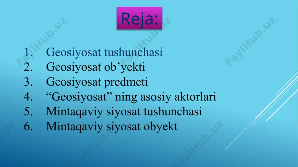 oki jahonda hokimiyat uchun siyosiy kuch markazlarining o’zaro kurashlariga kengroq e’tibor beriladi. bu yo’nalishdagilar asosan davlatlararo raqobatga urg’u berib, fanning umumbashariy xususiyatlaridan bahs etadi; - yo’nalish: geosiyosatga kompleks yondashuv, ya’ni geografik omillardan tashqari iqtisodiy, demografik, diniy va boshqa shu kabi omillarga ham keng asosda yondashgan, tadqiq qilgan va qilayotgan geosiyosatshunos tadqiqotchilar fikrlari. geosiyosat ob’yekti bo’lib - jahon siyosati, yagona tizim sifatidagi dunyoning geosiyosiy tuzilishi va xalqaro dunyoviy tartibot olib qaraladi. geosiyosat ob’yekti sifatida jahonning geosiyosiy xaritasi turishi birinchi navbatda, dunyoning ko’p qutbli dunyoga aylanishi bilan va xalqaro munosabatlarning yangi bir transformatsiya - davlatlarning o’z ta’sir doiralari uchun kurash bosqichiga ko’tarilishi bilan bog’liq bo’lsa, ikkinchidan, xalqaro maydonda ko’pqirrali global dunyoviy siyosat tushunchasining shakllanishi bilan ham bog’liqdir. mazkur masalalar geosiyosat ob’yektida yaxlit holatda turishi mumkin, biroq geosiyosat ularni tahliliy jihatdan o’rganishni bir qator bosqichlarda ko’radi. masalan, zamonaviy geosiyosat dunyoning siyosiy xaritasida kechayotgan jarayonlarni umumbashariy, mintaqaviy va ma’lum bir davlatning o’zigagina daxldorligidan, manfaatidan …