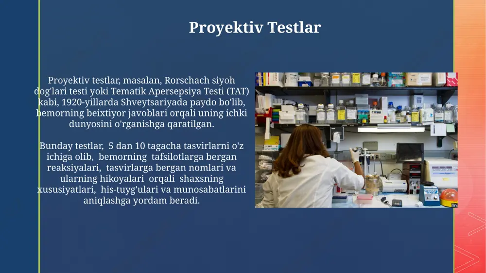 farqi bilan bog'liq xususiyatlar mavjud. rorshax testi, klinik psixologiya va psixiatriyada diagnostika vositasi sifatida keng qo'llaniladi va interpretatsiyasi yuqori malakali mutaxassislar tomonidan 1-2 soat davomida amalga oshiriladi. klinik suhbat samarqanddagi klinikada oʻtkazilgan klinik suhbatlar natijalariga koʻra, 20 ta bemordan 12 tasida depressiya belgilari aniqlangan, bu esa ushbu mintaqadagi ruhiy salomatlik muammolarining yuqori darajasini koʻrsatadi. bemorning klinik suhbat davomida namoyon qilgan 5 ta asosiy alomatlarni aniqlash va ularni dsm-5 yoki icd-11 diagnostik mezonlari bilan solishtirish muhim diagnostik qadam hisoblanadi. psixologik himoya mexanizmlari proyeksiya mexanizmi, o'zining istak yoki xususiyatlarini boshqalarga atash, psixoanalitik amaliyotda, ayniqsa, amerika qo'shma shtatlarida, 20-asrning ikkinchi yarmidan beri keng qo'llaniladi. repressiya mexanizmi, xotiralarni ongdan siqib chiqarish, stress darajasiga qarab 2 dan 10 gacha turli intensivlikda namoyon bo'lishi mumkin. tematik apperseptiv test (tat) tat, 1935-yilda amerika psixologi xristian morgan tomonidan ishlab chiqilgan bo'lib, 30 dan ortiq noaniq tasvirlarni o'z ichiga oladi va bemorning shaxsiyatini va ichki dunyosini ochib berish uchun …
