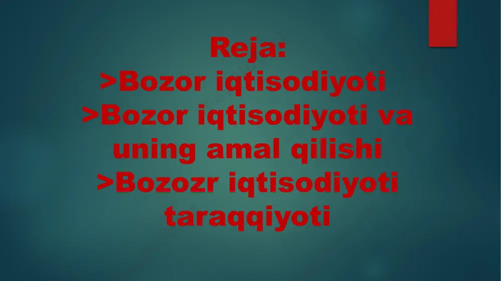 vazifasini amalga oshiradigan turli byudjet tashkilotlari va muassasalarining majmui. shuningdek, baʼzi darslik va oʻquv qoʻllanmalarda bozor iqtisodiyotining yana bir alohida, mustaqil subyekti sifatida banklar ajratib koʻrsatiladi. bozor iqtisodiyotining muhim va umumiy belgilari quyidagilardan iborat: turli shakllardagi mulkchilikning mavjud boʻlishi va unda xususiy mulkchilikning ustuvorligi; tadbirkorlik va tanlov erkinligi; raqobat kurashining mavjudligi; davlatning iqtisodiyotga cheklangan holda aralashuvi; korxona va firmalarning ichki va tashqi shart-sharoitlar oʻzgarishlariga moslashuvchanligi; etiboringiz uchun raxmat image6.jfif image7.jfif image8.jpg image2.png image3.png image4.png image5.png /docprops/thumbnail.jpeg